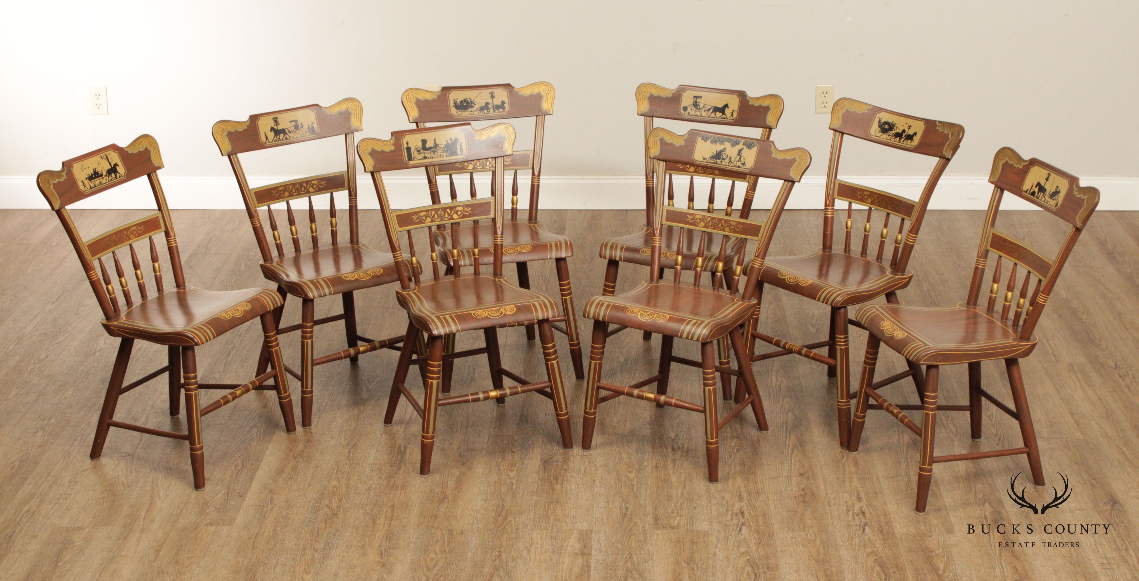 Set of Eight Grain Painted Plank Seat Dining Chairs