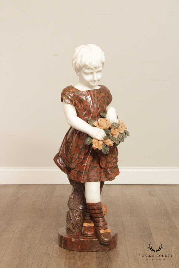 Figural Girl with Flowers Carved Marble Life-Size Statue