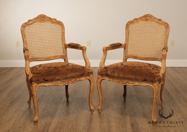 French Louis XV Style Custom Pair Cane Back Fauteuil Armchairs