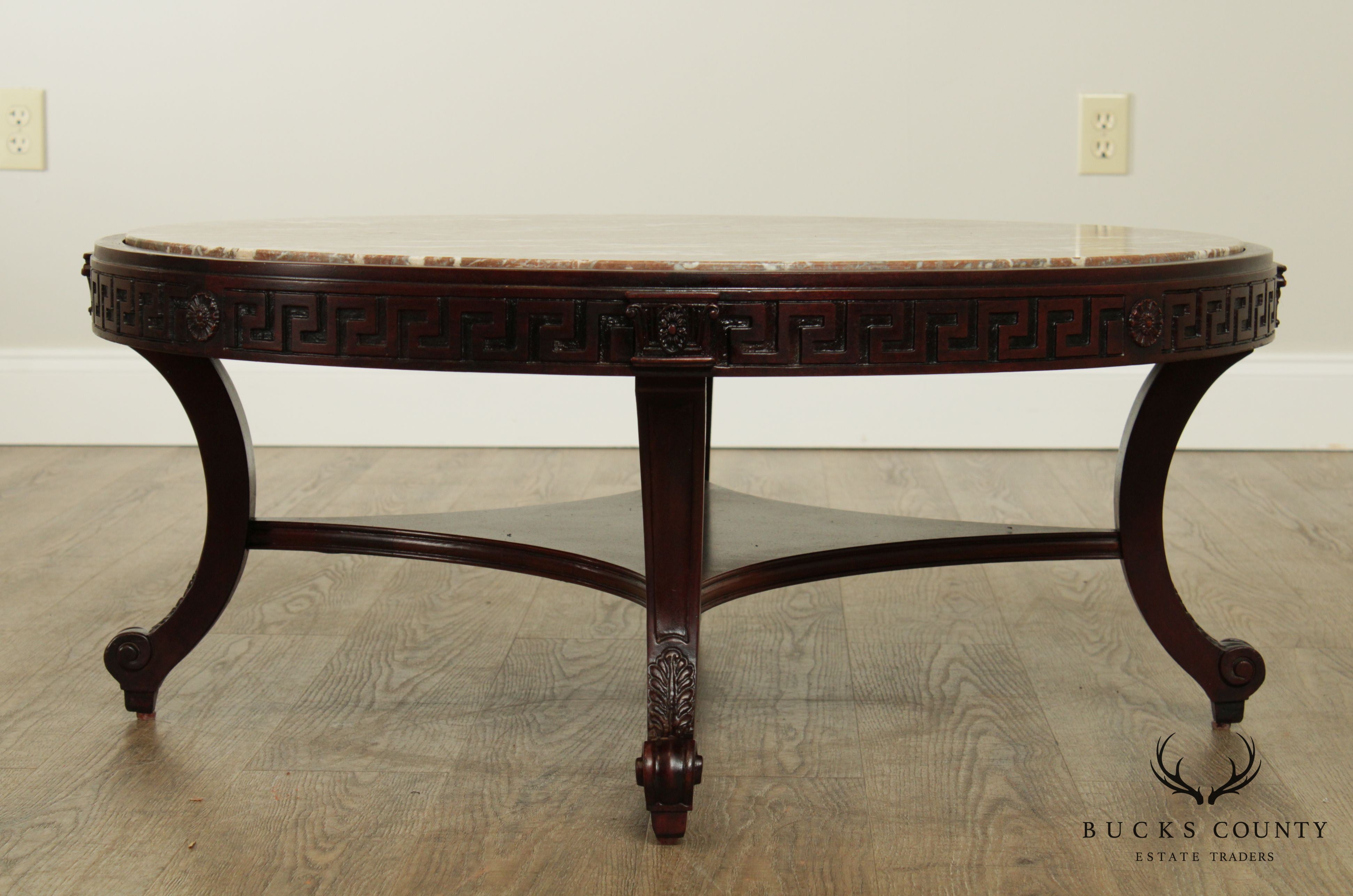 Vintage Greek Revival Neo-Classical Style Round Marble Top Mahogany Coffee Table