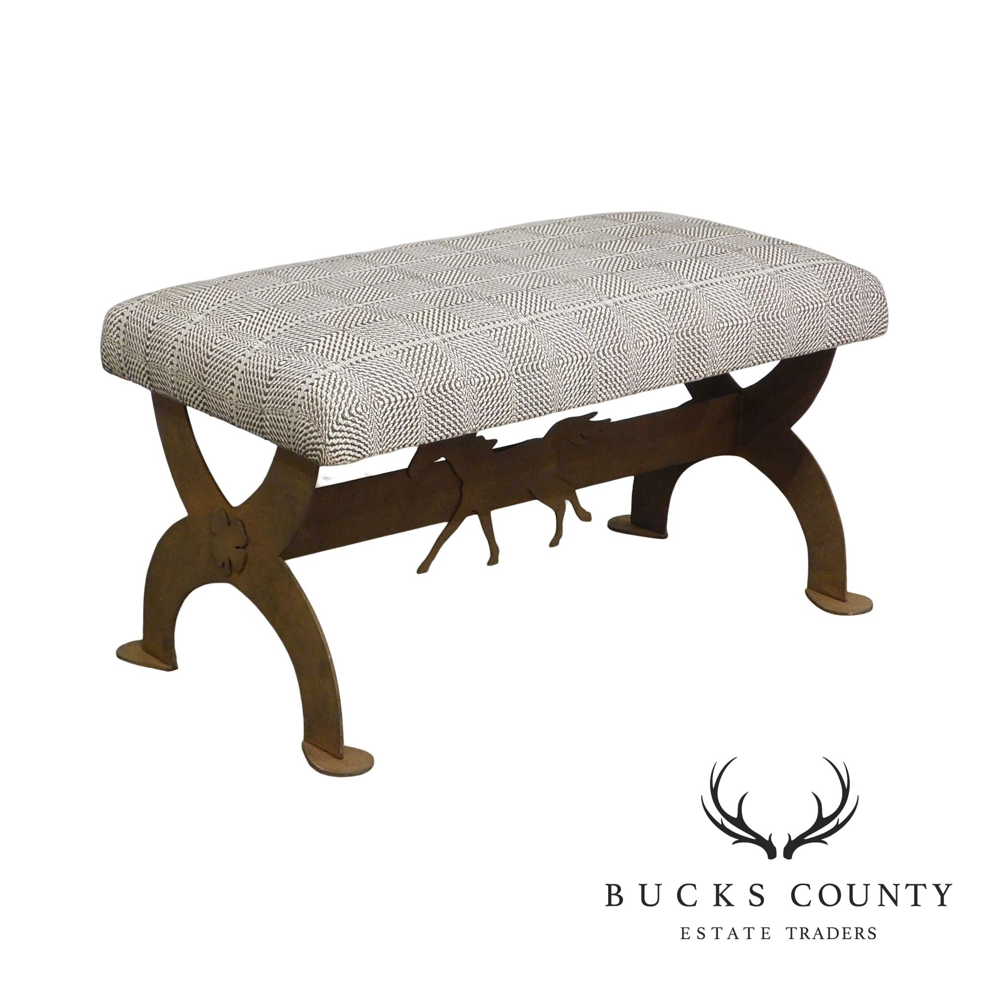 Vintage Weathered Steel X Base Bench With Horse