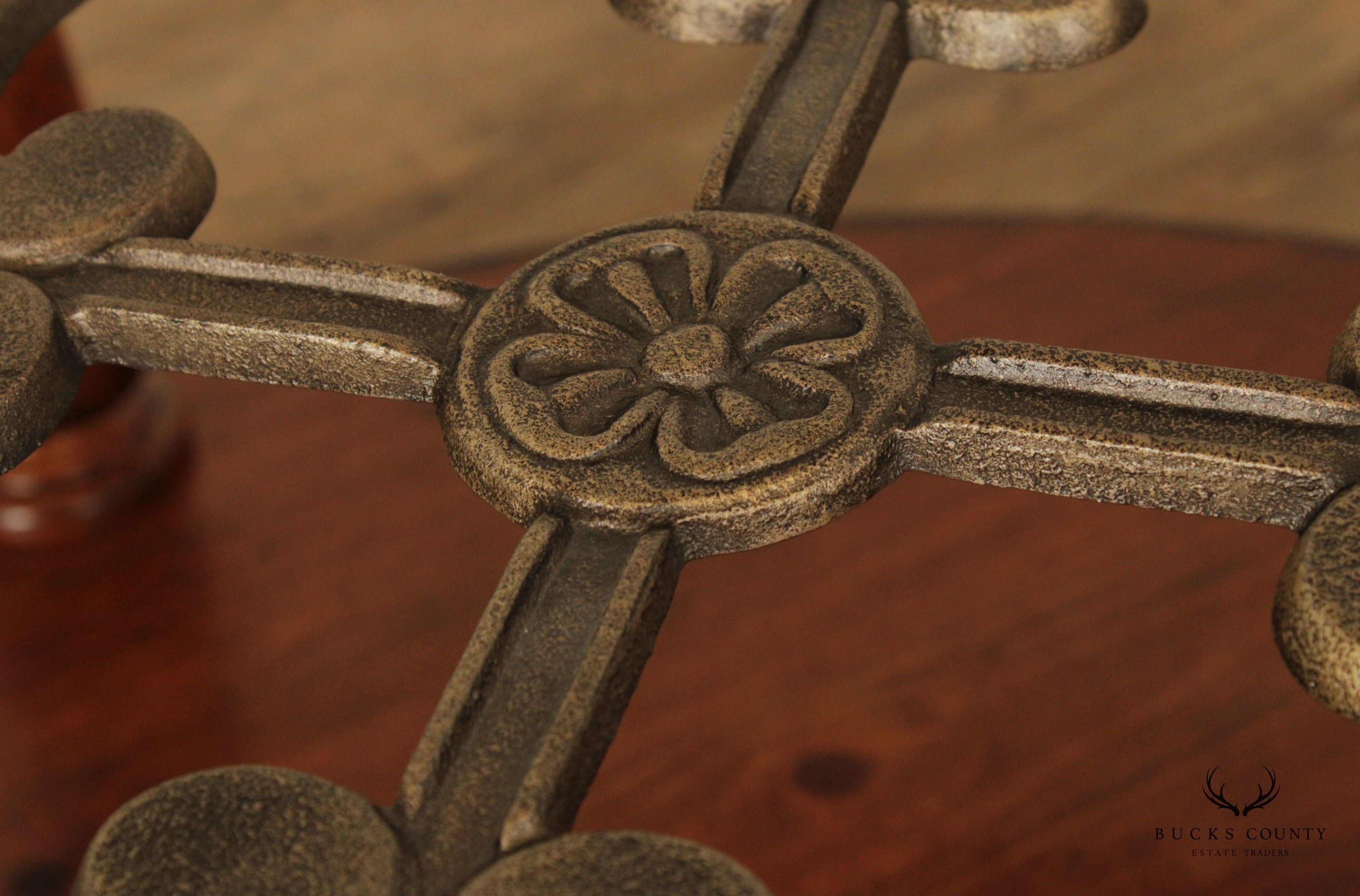 Rustic European Style Wood and Glass Top Iron Scroll Round Cocktail Table