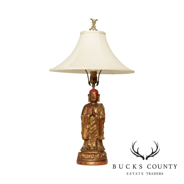 Vintage Partial Gilt Polychrome Resin Buddha Lamp