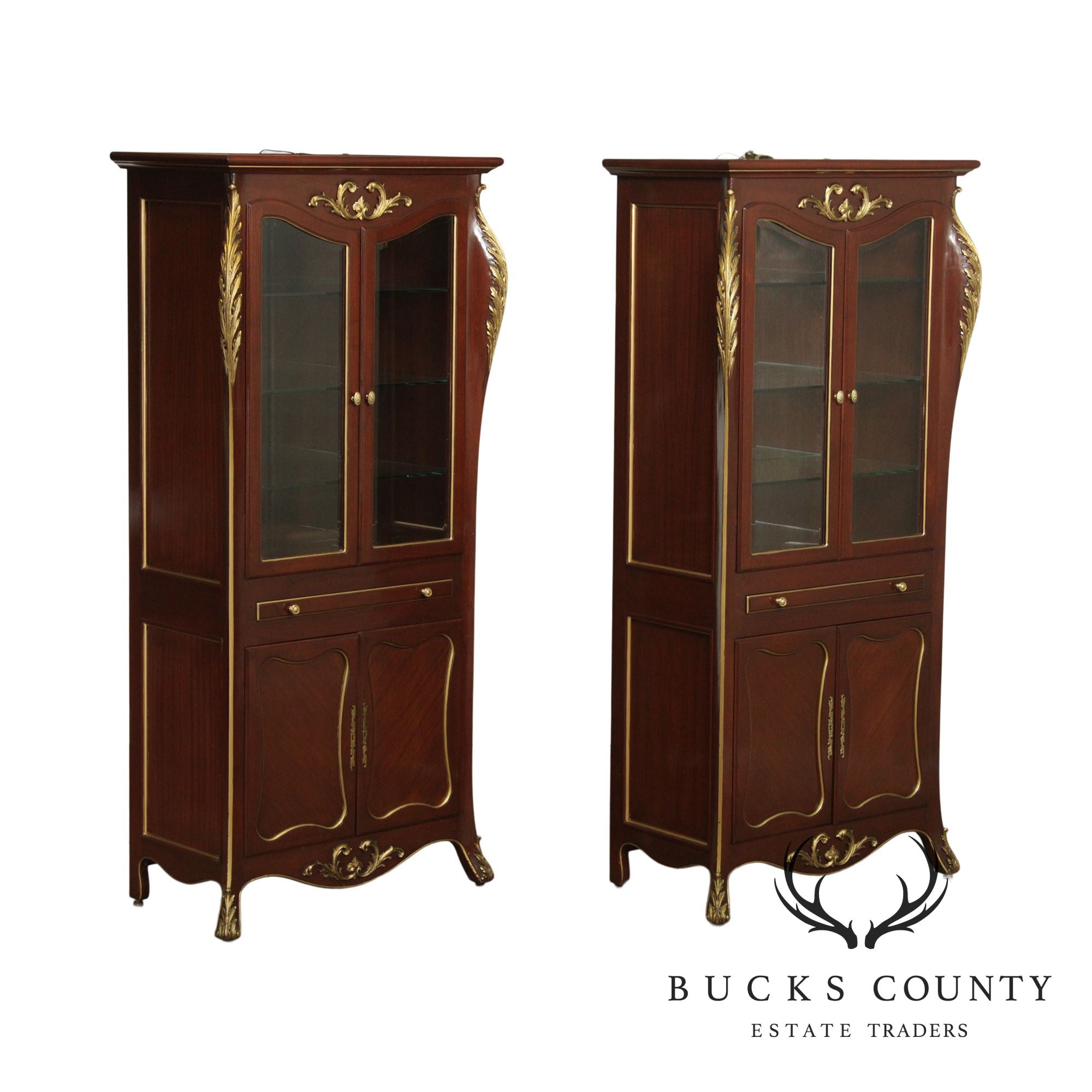 Art Nouveau Style Custom Quality Mahogany & Partial Gilt China Cabinets