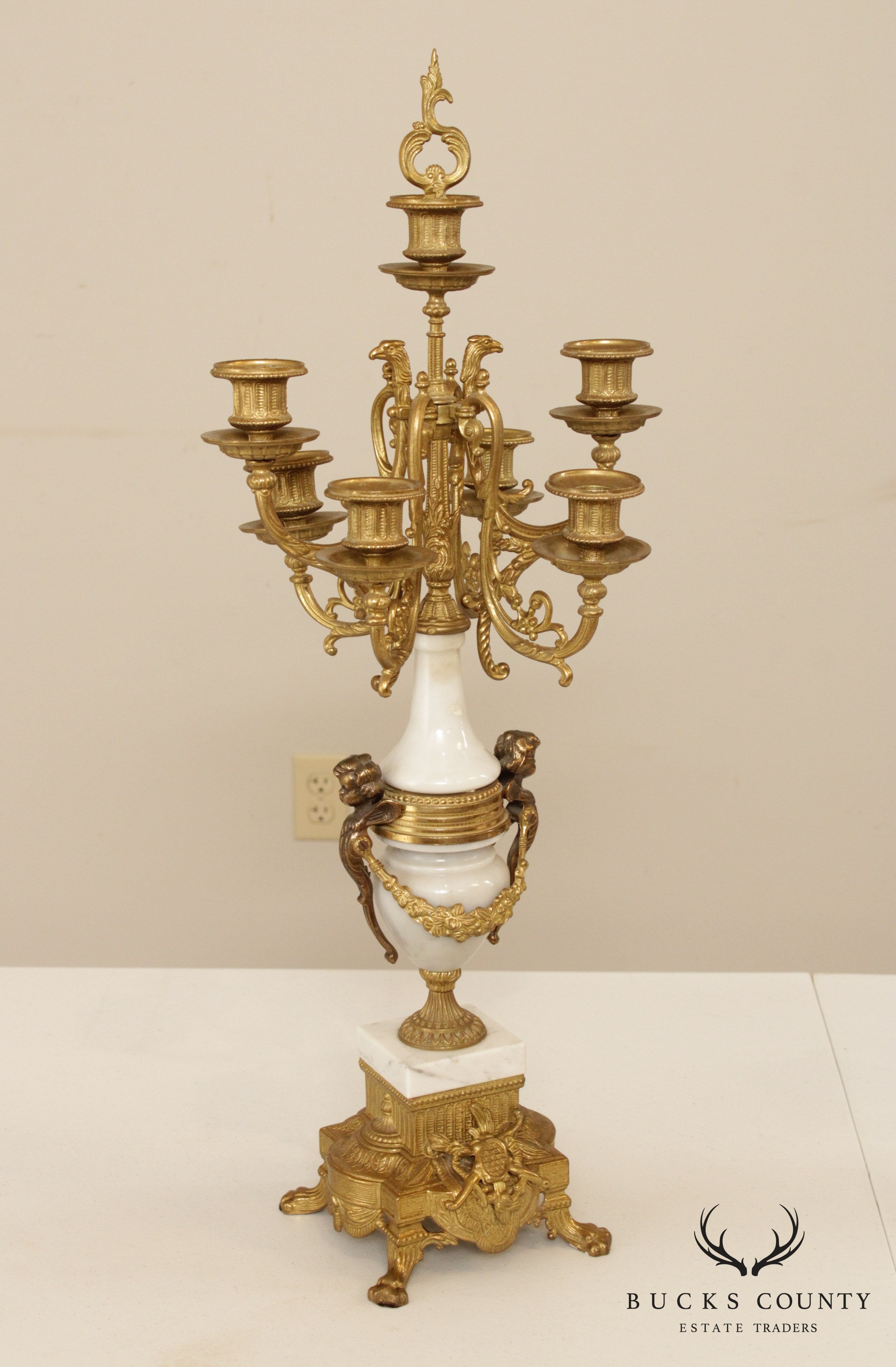 Quality Italian Gilt Bronze & Marble Pair Candelabra