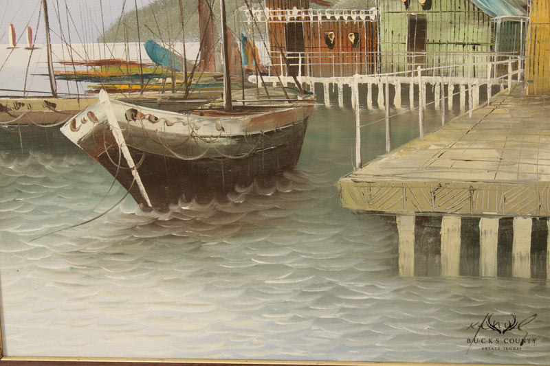 Vintage 20th C. Boats in Harbor Seascape Original Painting, By K. Paul
