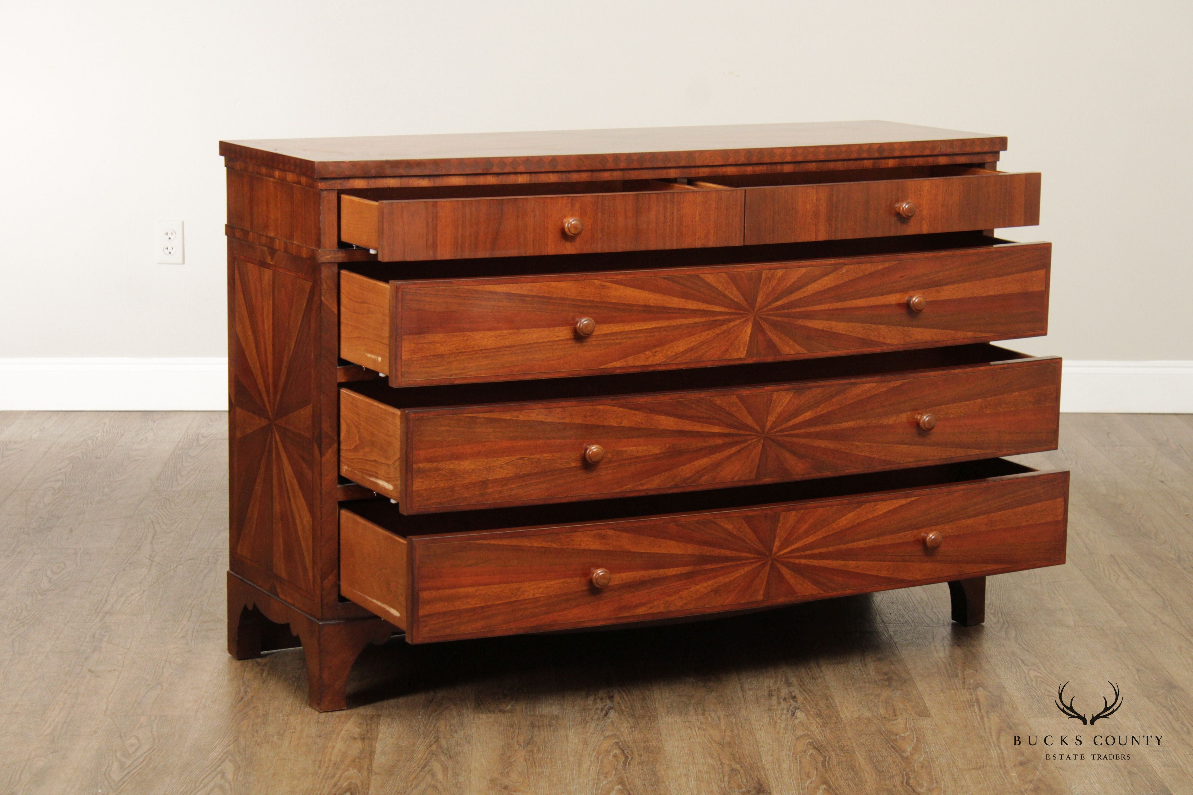 Italian Regency Style Sunburst Inlaid Bowfront Chest of Drawers