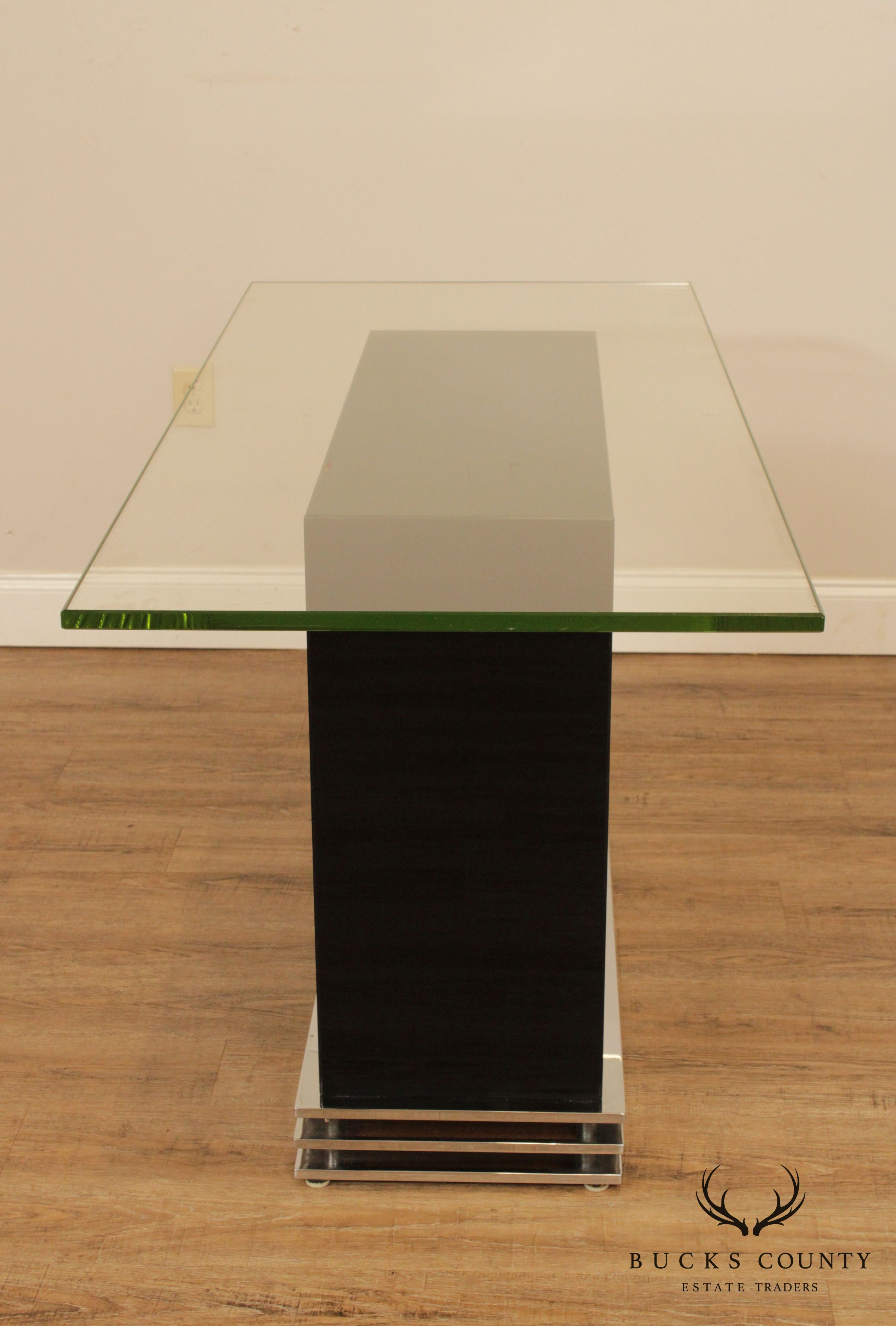 Design Institute of America Postmodern Black Lacquered, Chrome Glass Top Console Table