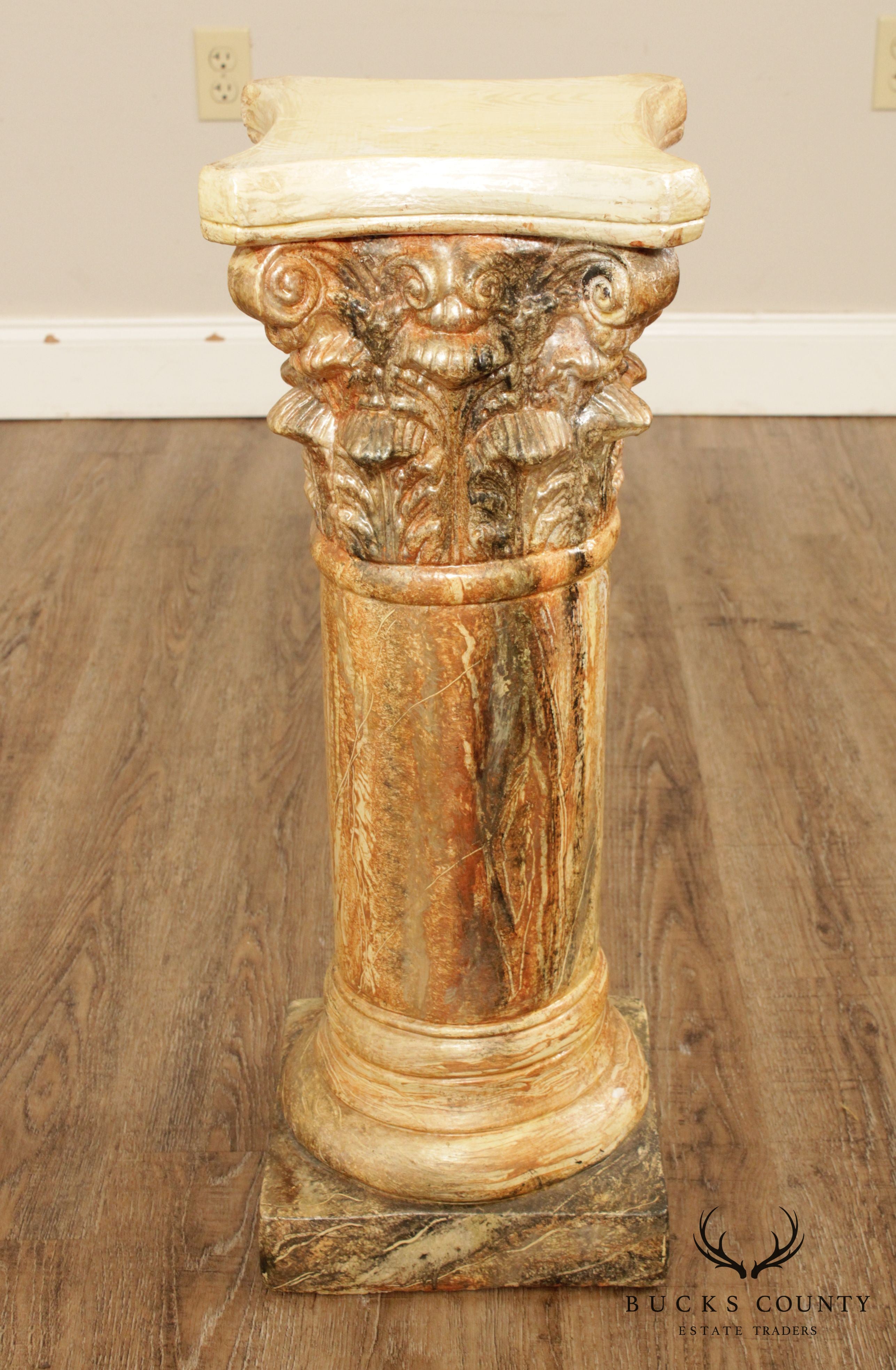 Neoclassical Faux Marble Painted Corinthian Column Pedestal