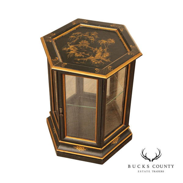 Chinoiserie Decorated Black and Gold Vitrine Side Table