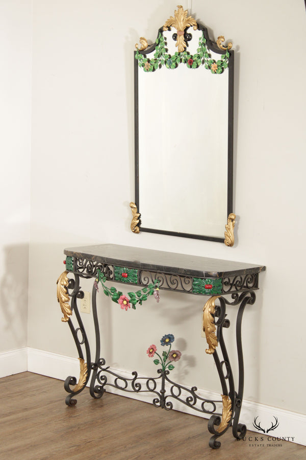 Vintage Italian Florentine Style Painted Wrought Iron Marble-Top Console Set with Mirror
