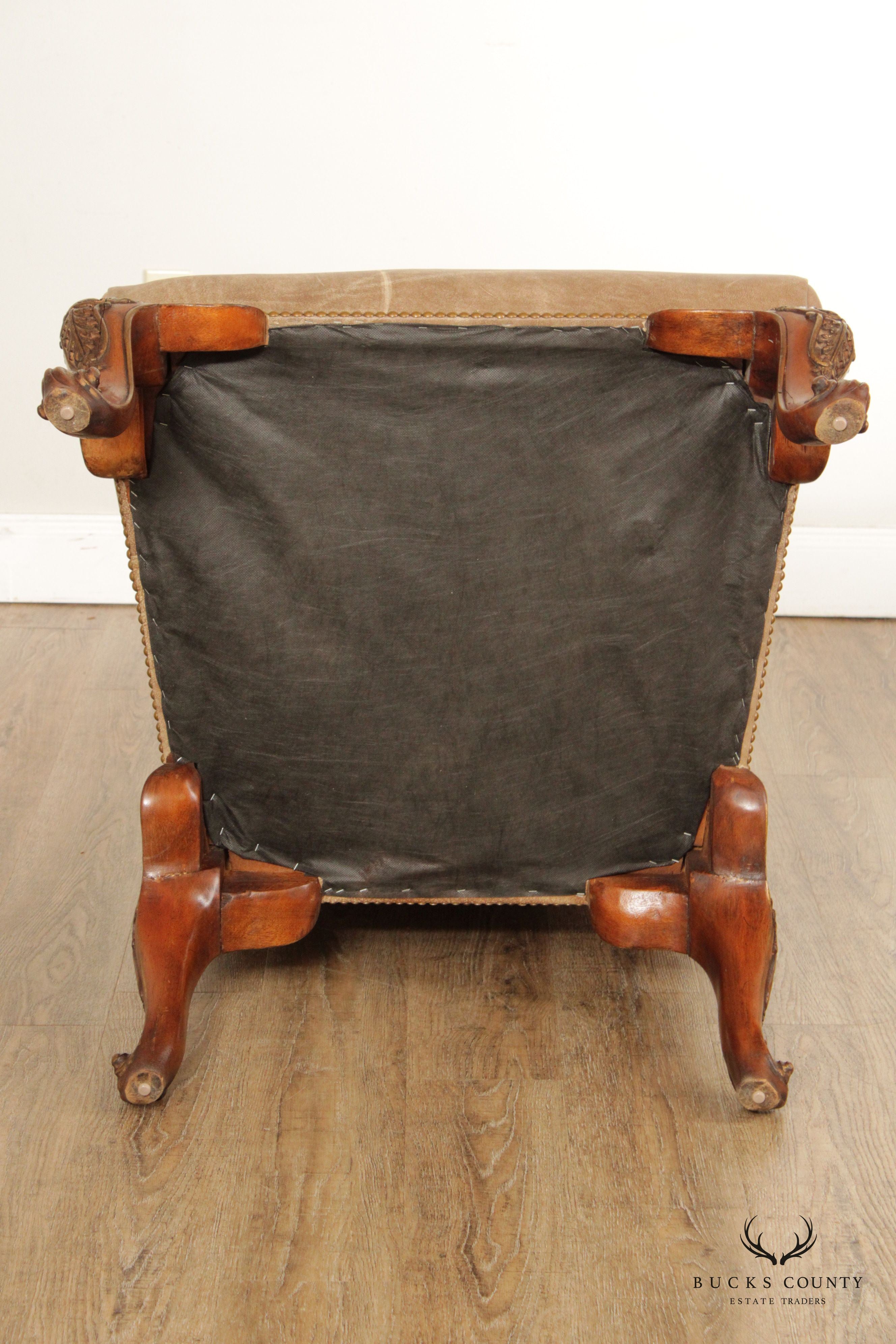 Italian Rococo Style Leather and Partial Gilt Armchair