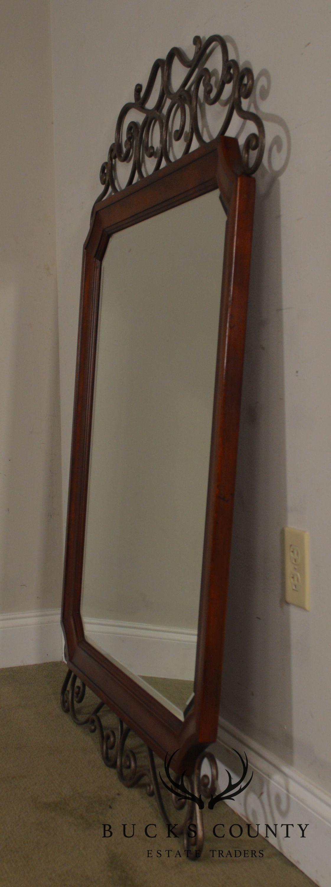 Drexel Heritage Cambridge Cherry & Scrolled Iron Beveled Wall Mirror