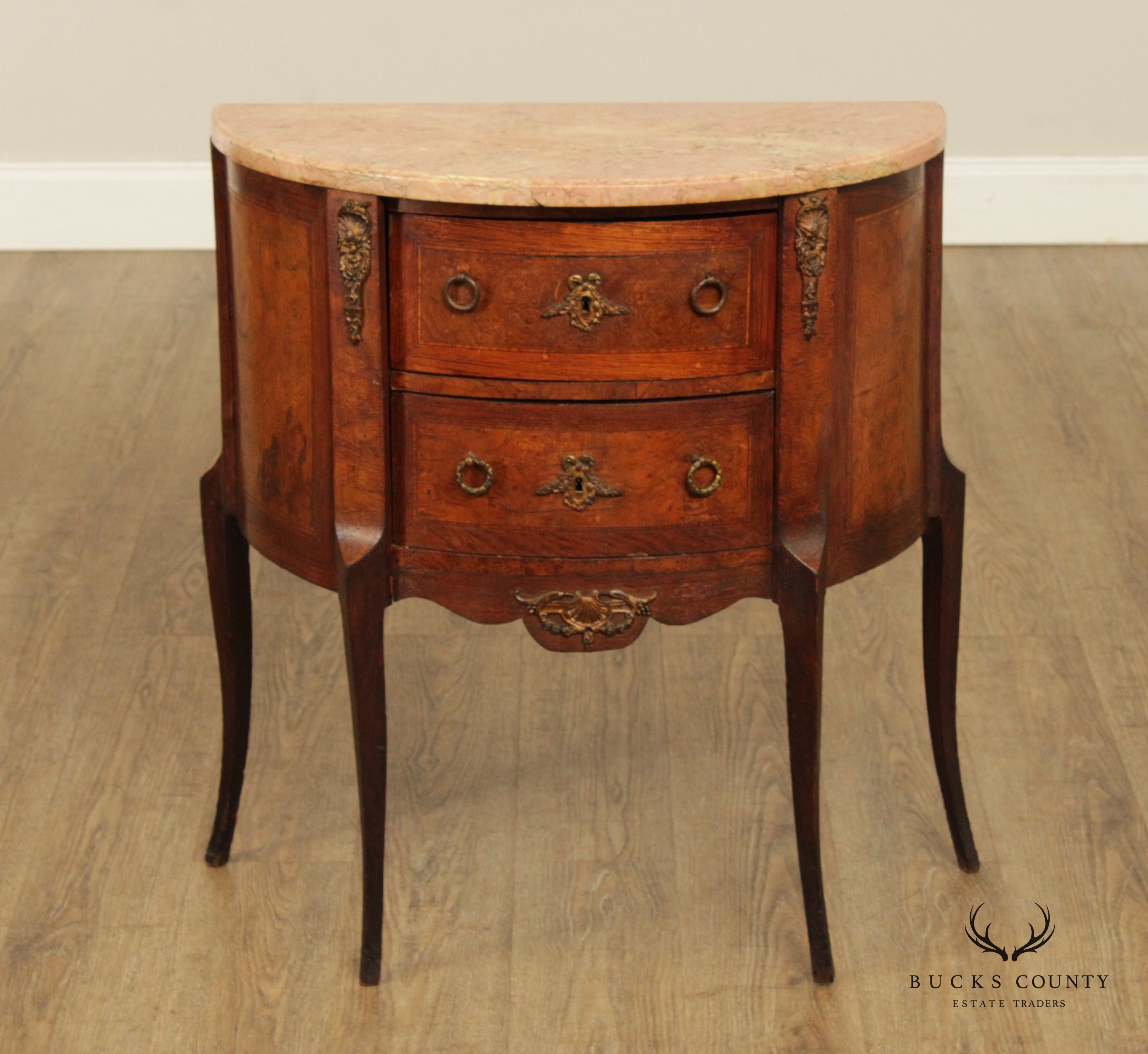 Antique French Louis XV Style Oak and Burlwood Marble Top Commode