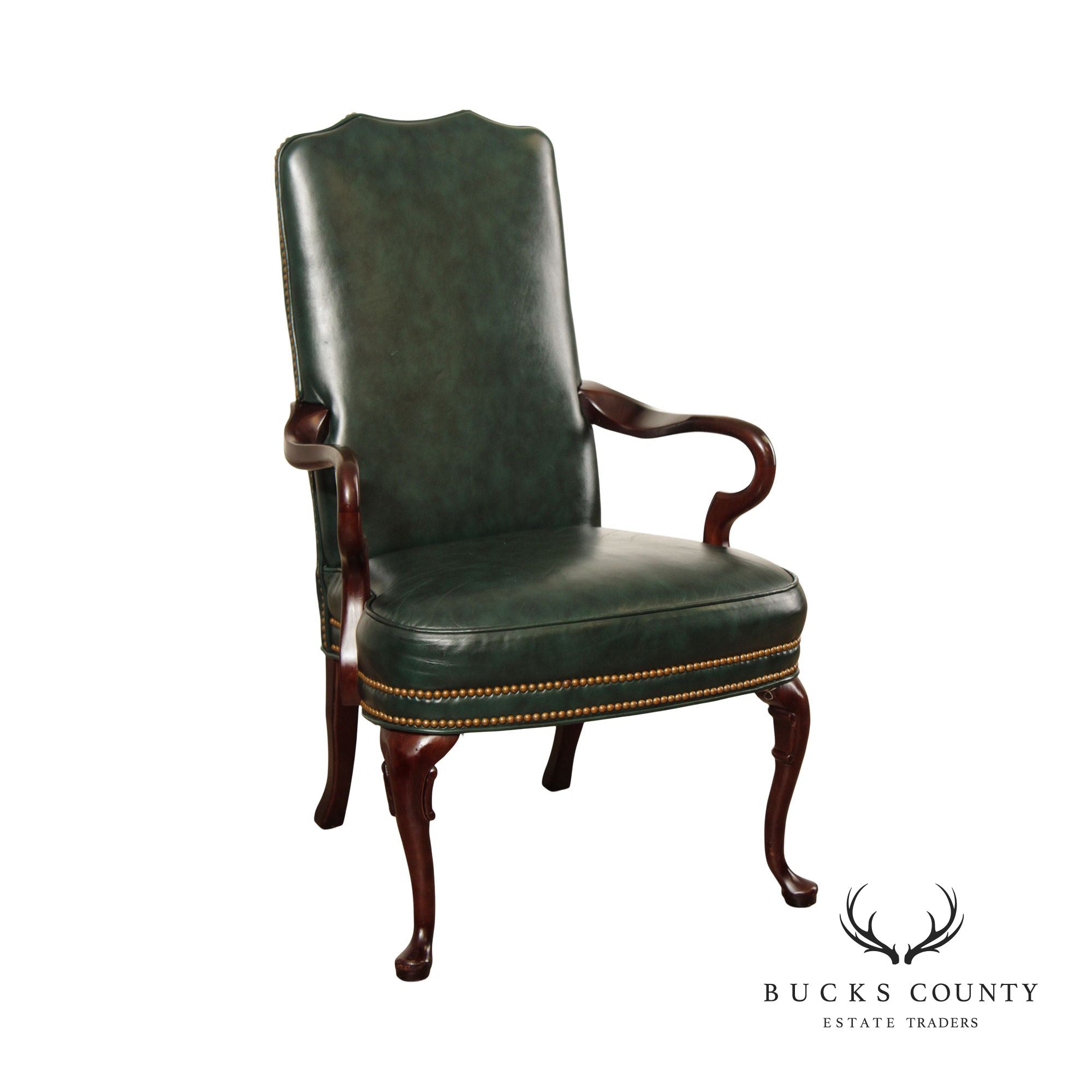 Queen Anne Style Mahogany and Leather Armchair