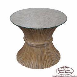McGuire Style Rattan Wheat Sheaf Glass Top Side Table