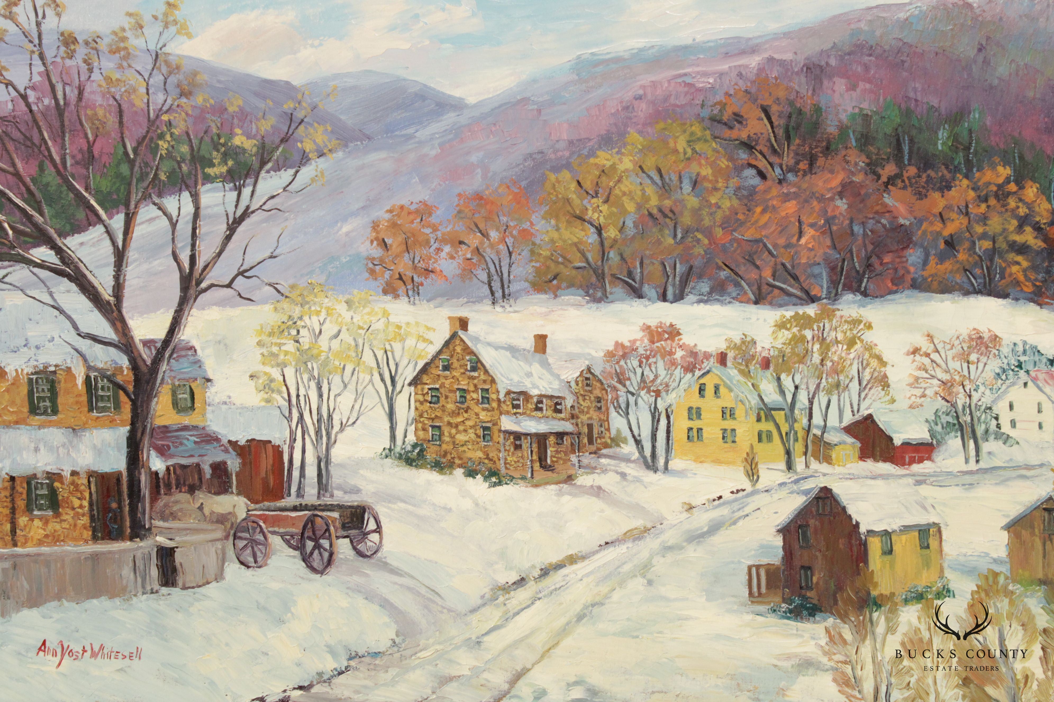 Ann Yost Whitesell 'Old Wagon' Winter Town Landscape Original Oil Painting