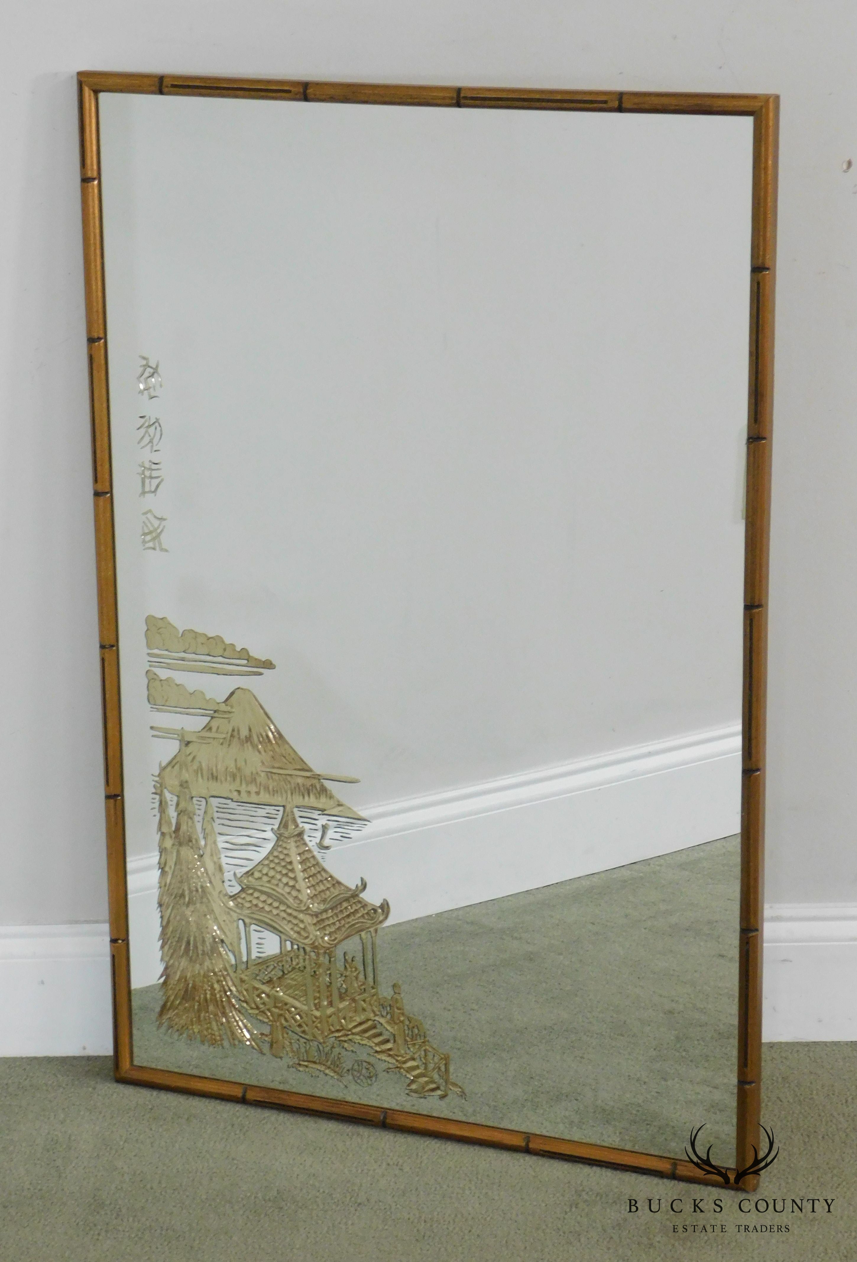 Asian Inspired Eglomise Faux Bamboo Frame Wall Mirror