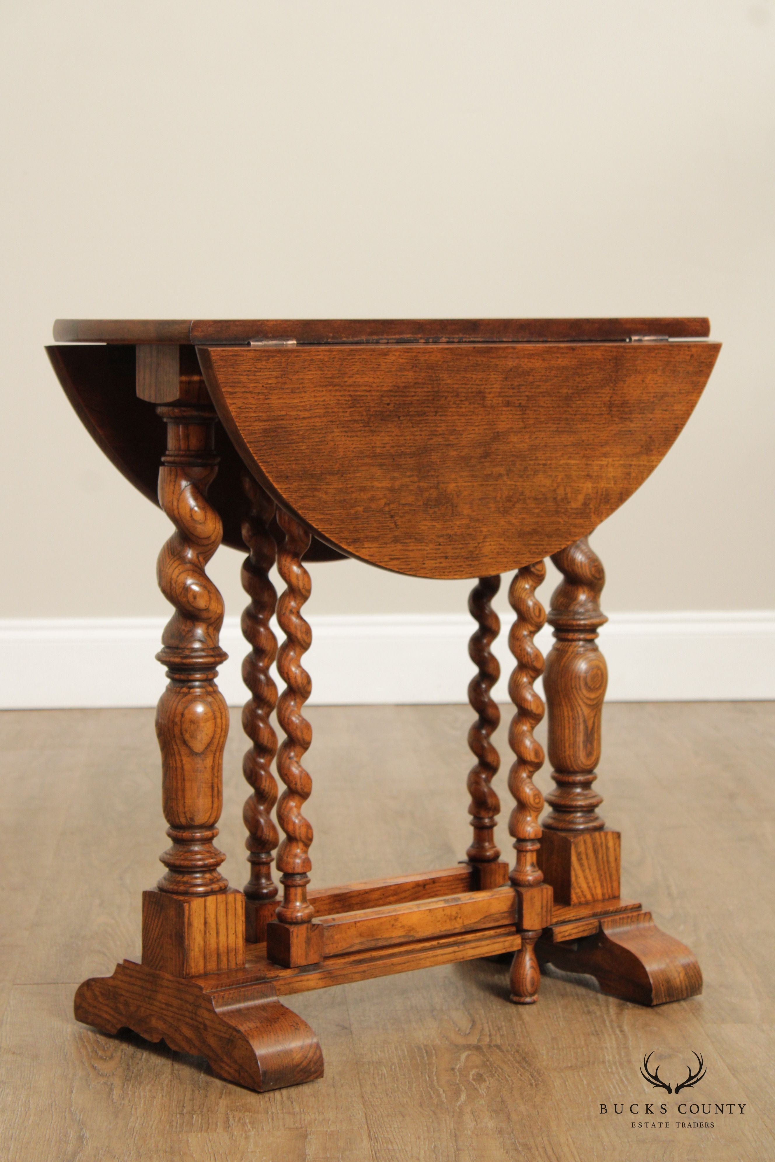 Baker Furniture Jacobean Style Oak Barley Twist Drop Leaf Table