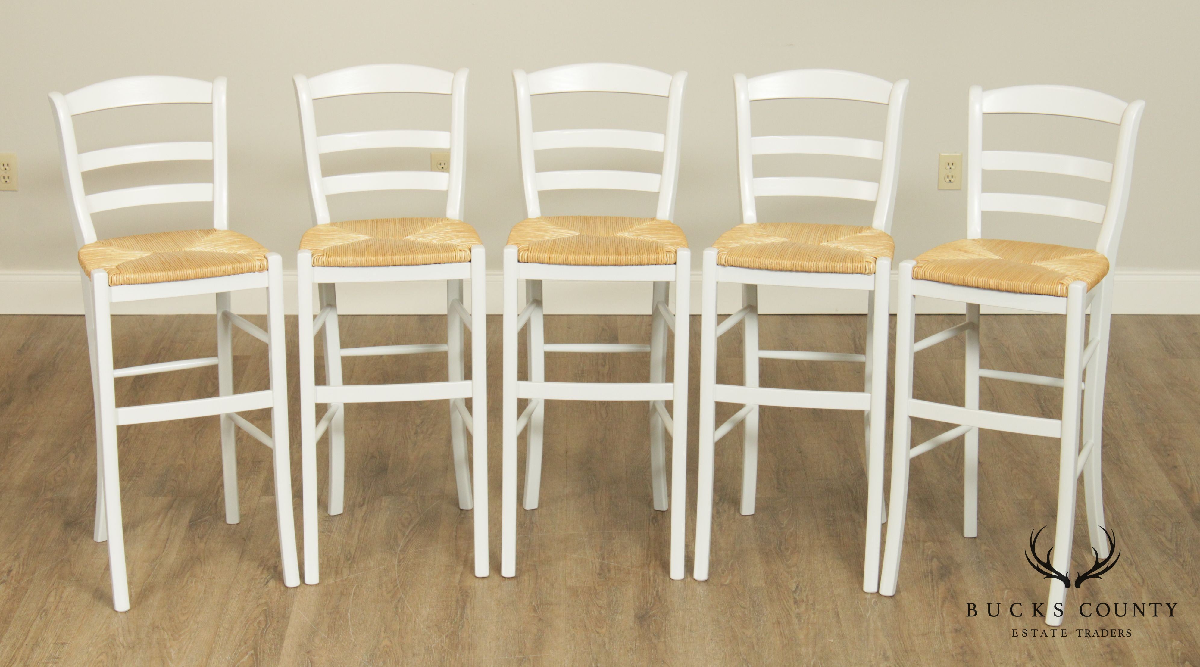 French Country Style Set 5 Painted Rush Seat Barstools