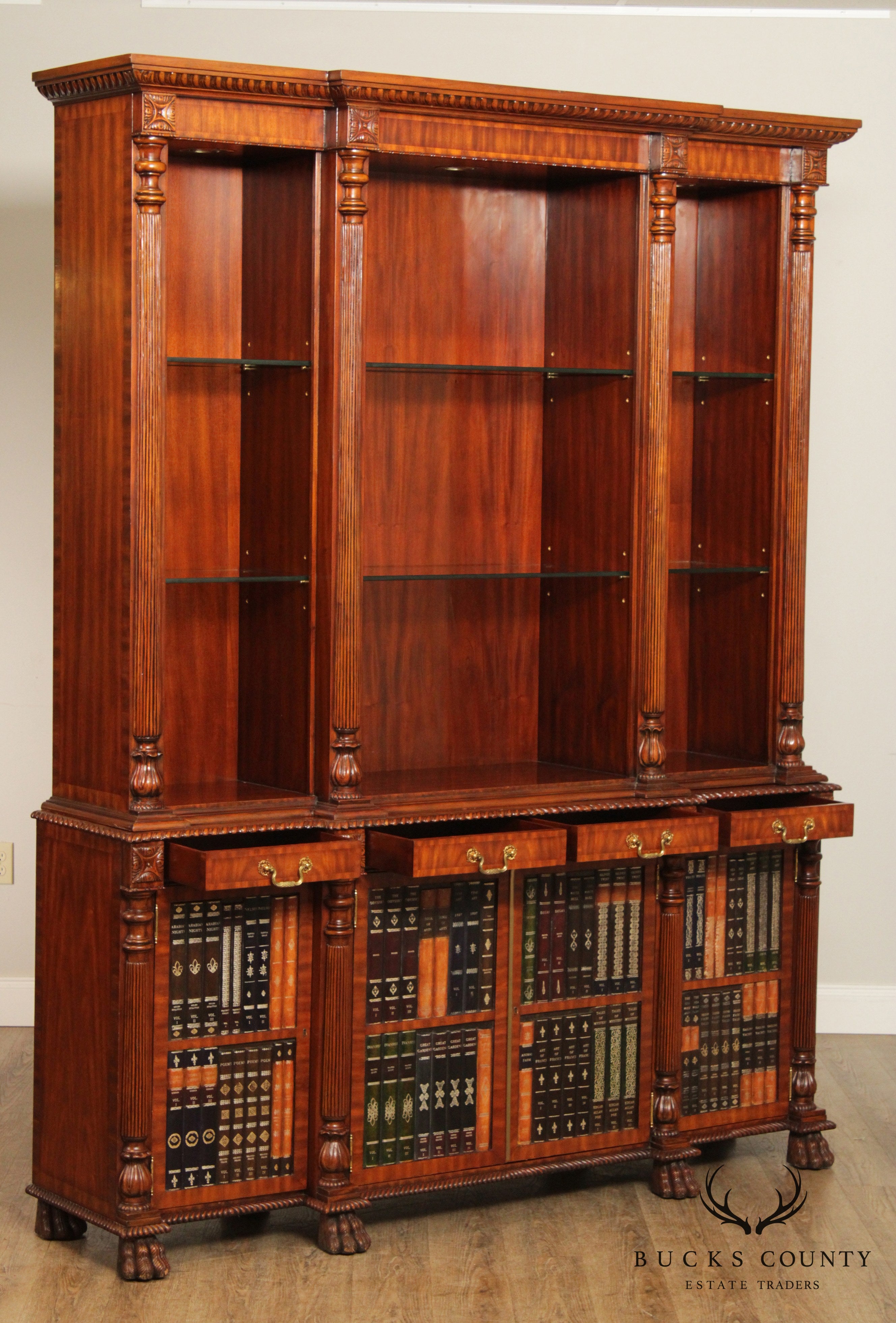 Maitland Smith Regency Style Large Mahogany Bookcase Breakfront