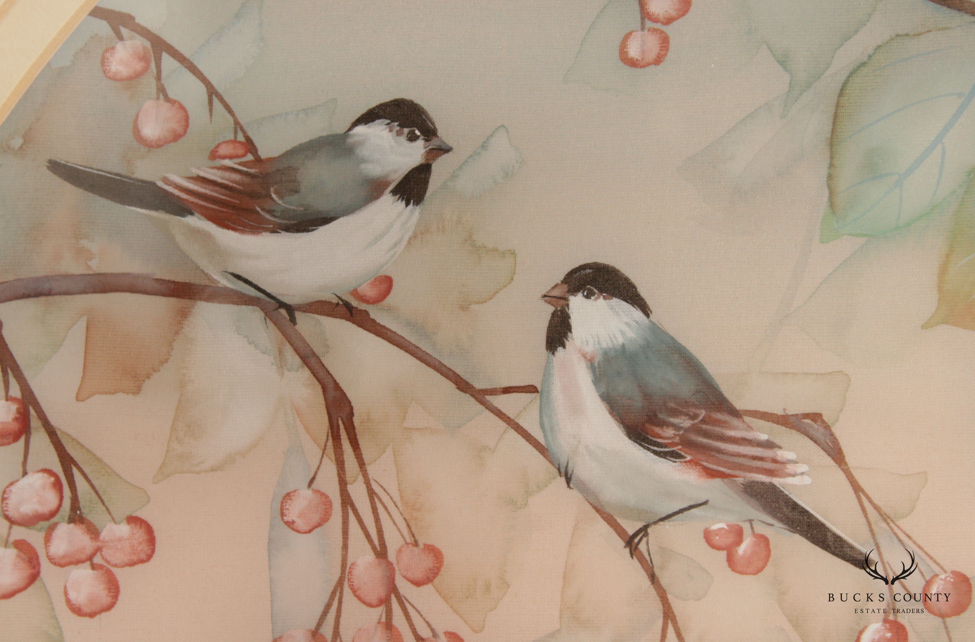 Chinese 20th C. Birds and Floral Silk Painting, Signed 'J. Cheng'