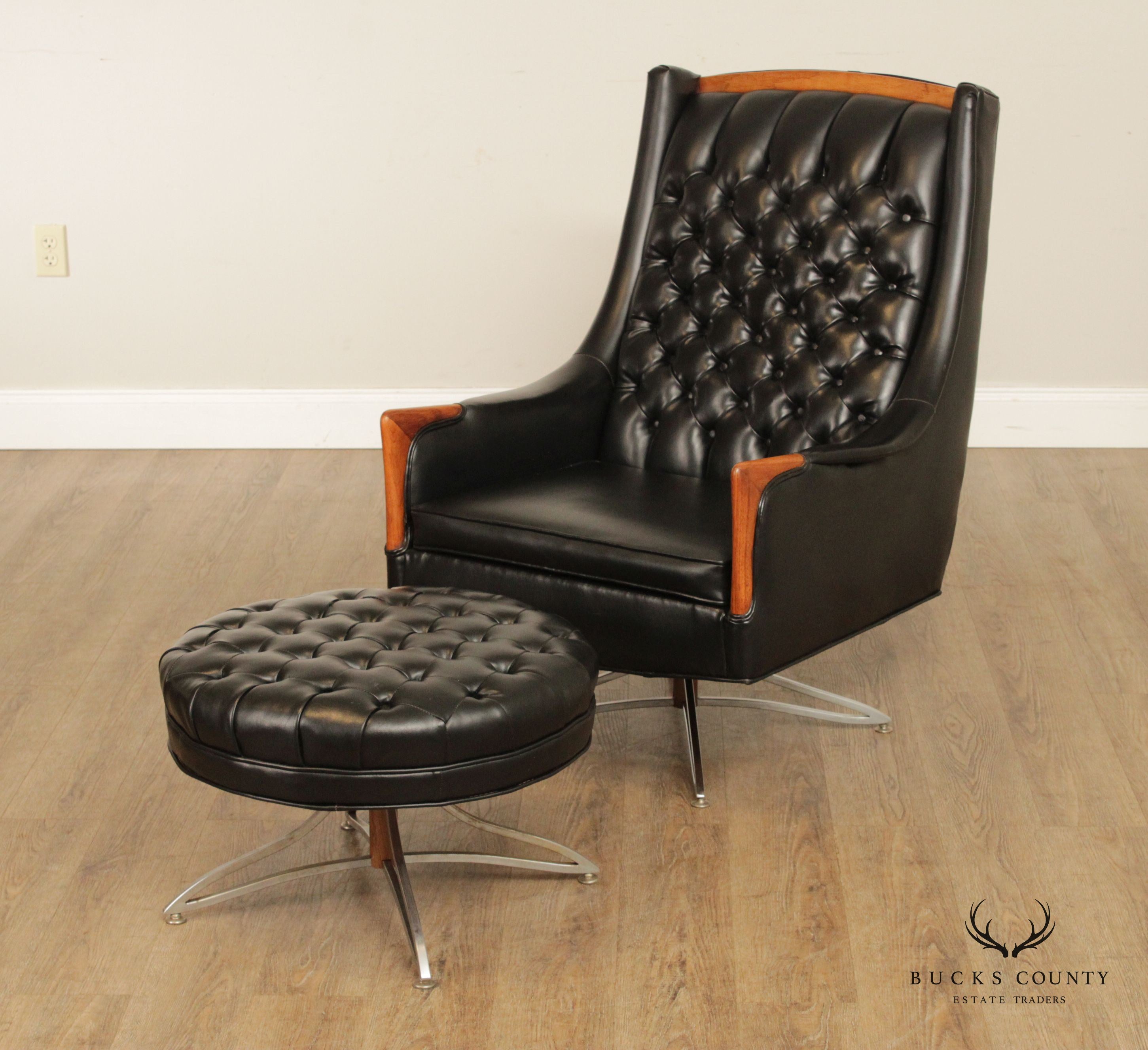 Kroehler Midcentury Modern Black Tufted Swivel Lounge Chair and Ottoman