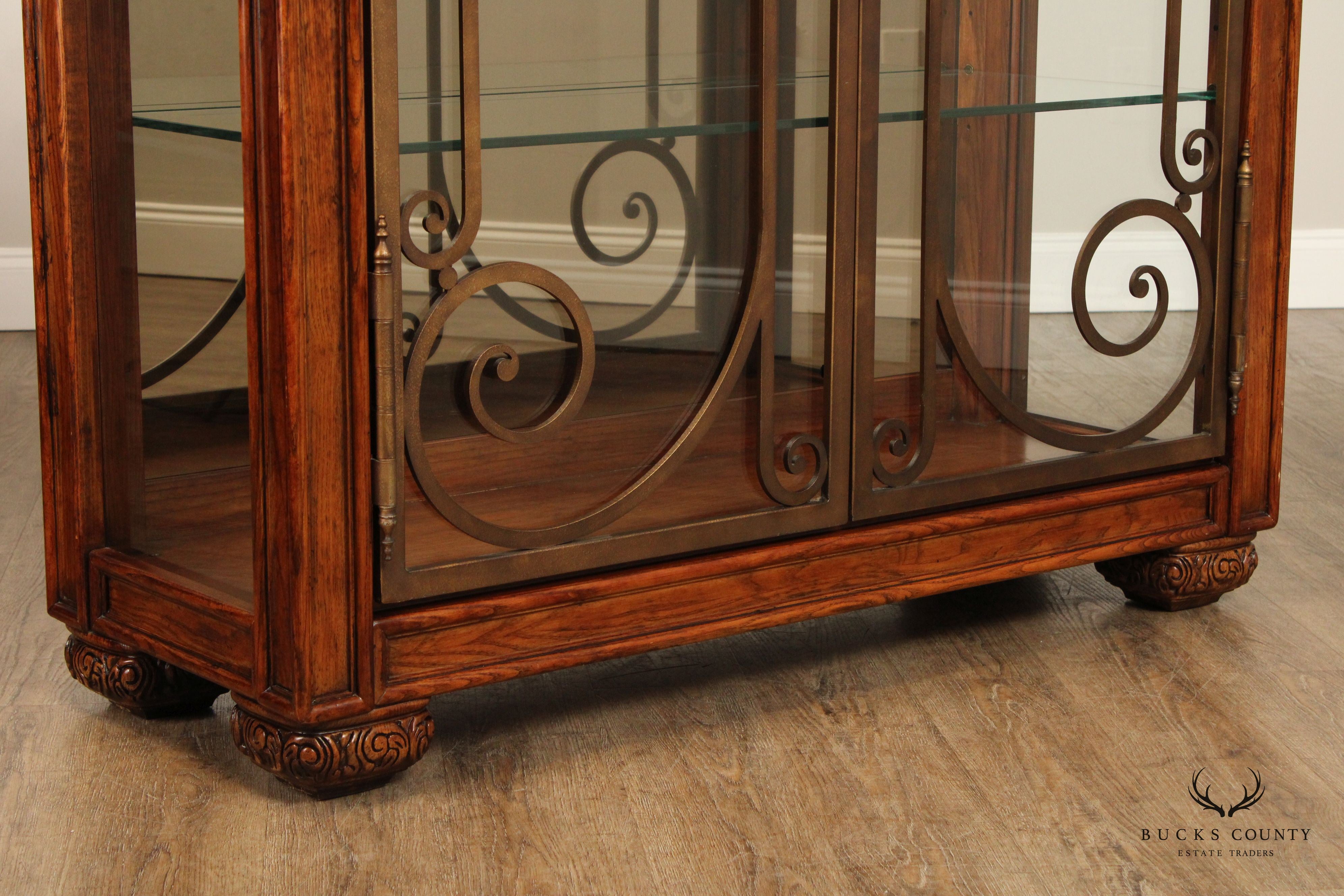 Henredon Tuscan Style Large Scrolled Iron Door Curio Display Cabinet