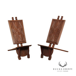 African Traditional Ceremonial Pair Mahogany Carved Folding Chairs