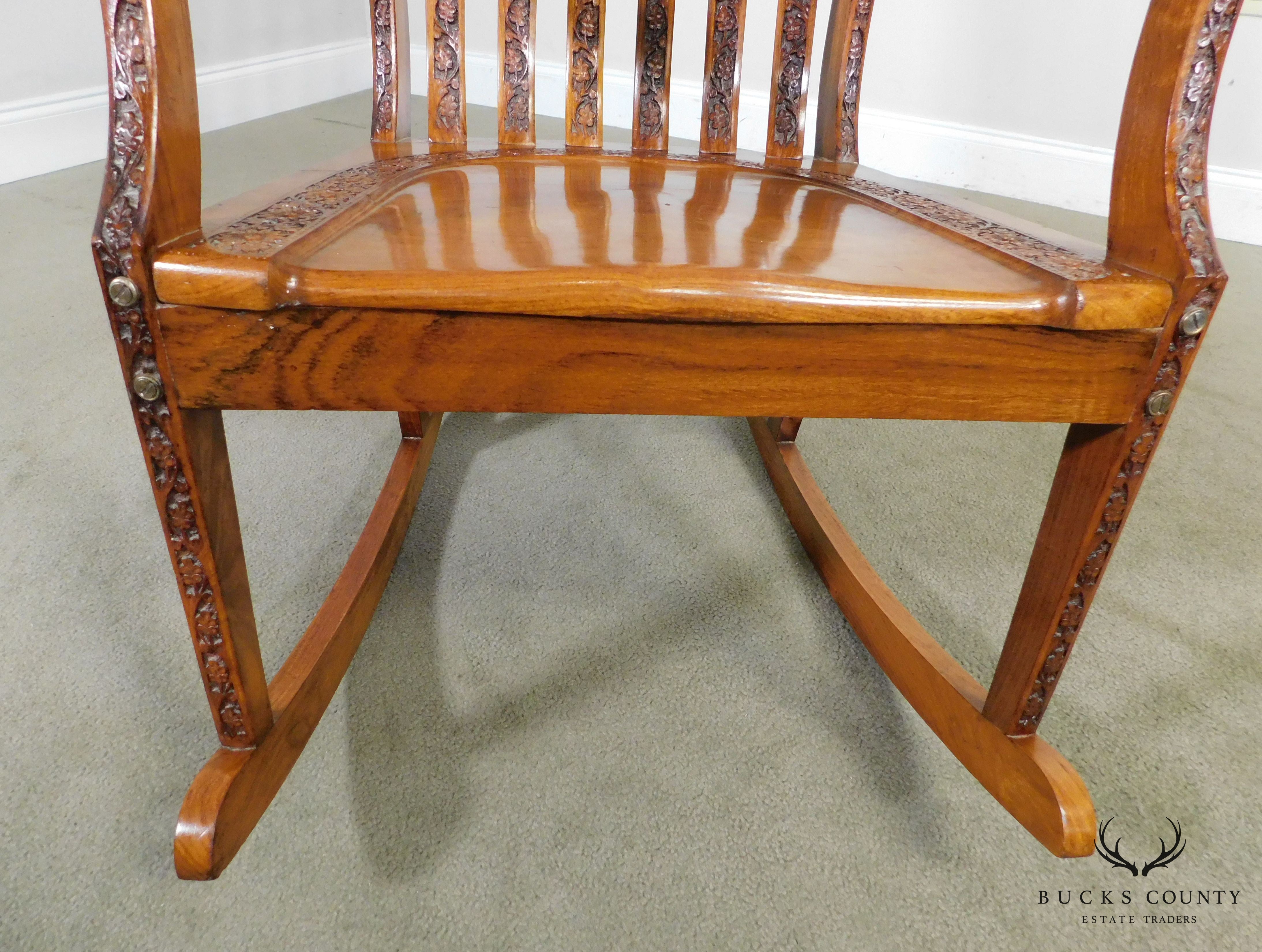 Vintage Indian Carved Hardwood Brass Inlaid Rocker