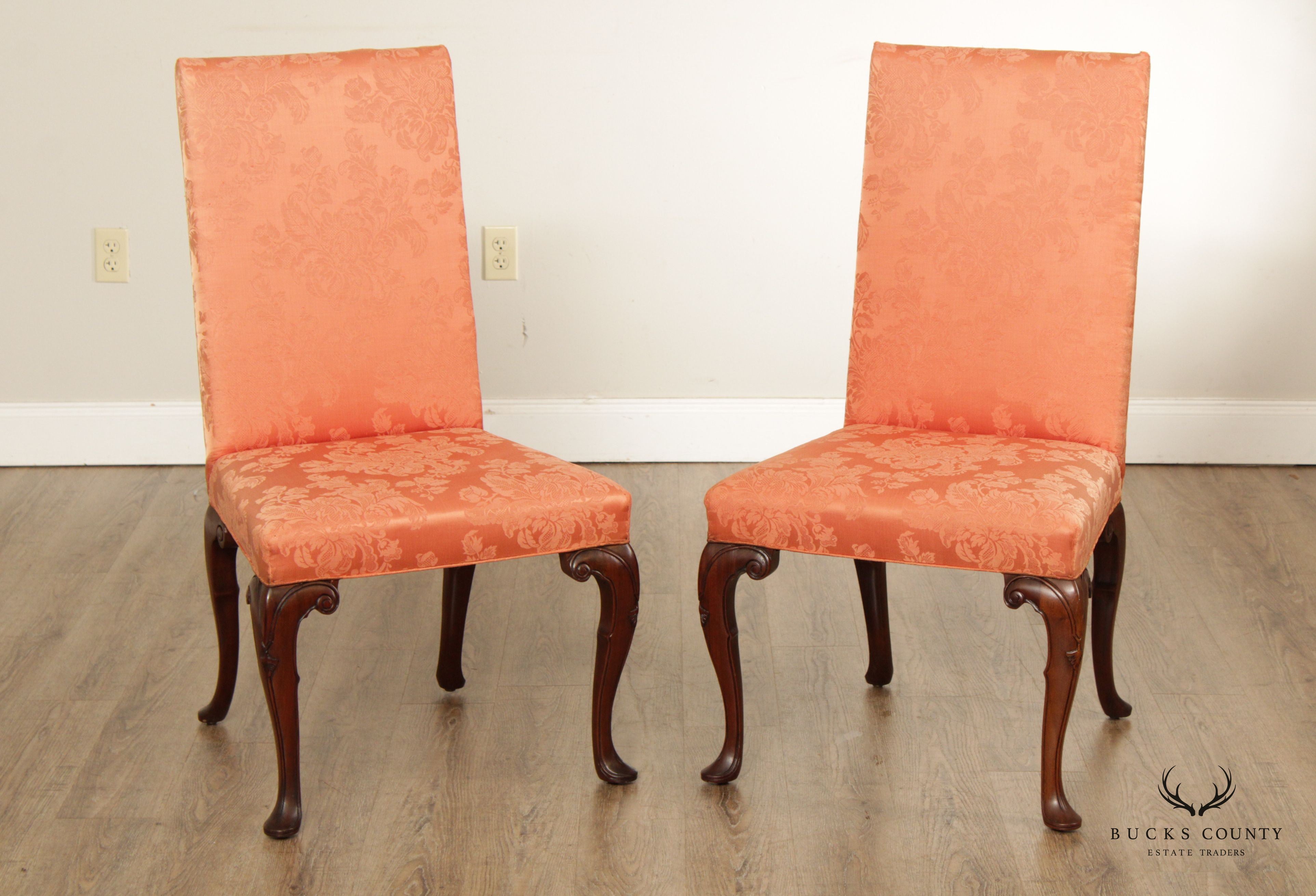 Queen Anne Style Pair Custom Upholstered High Back Side Chairs