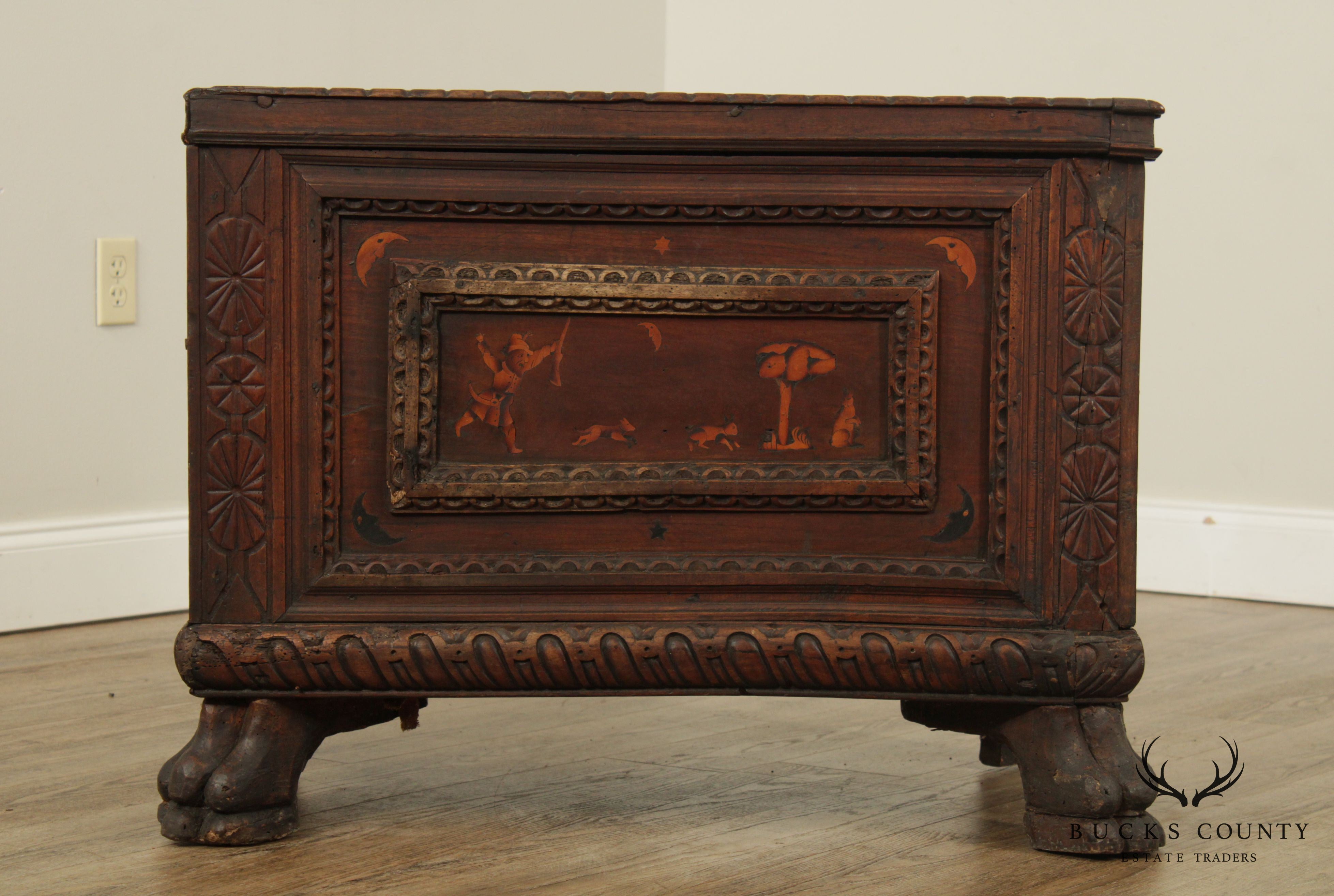 Antique Italian Renaissance Walnut Inlaid Cassone Chest