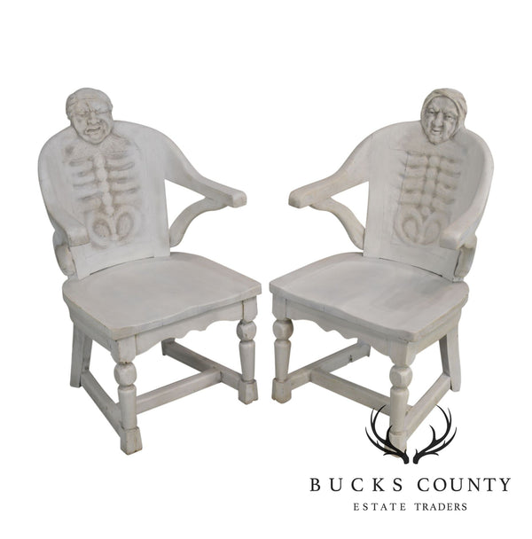 Antique Carved His & Hers Pair Chiropractors Skeleton Arm Chairs