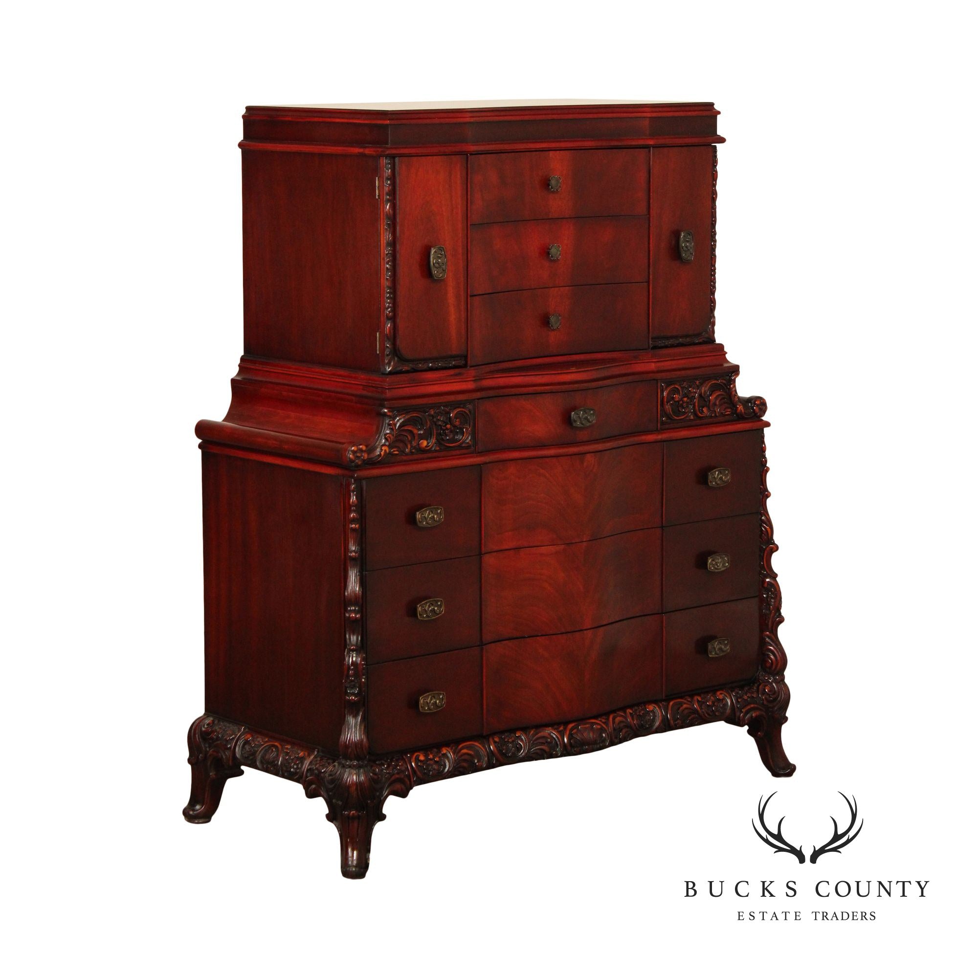 Williamsport Chinese Chippendale Style Carved Mahogany Chest on Chest