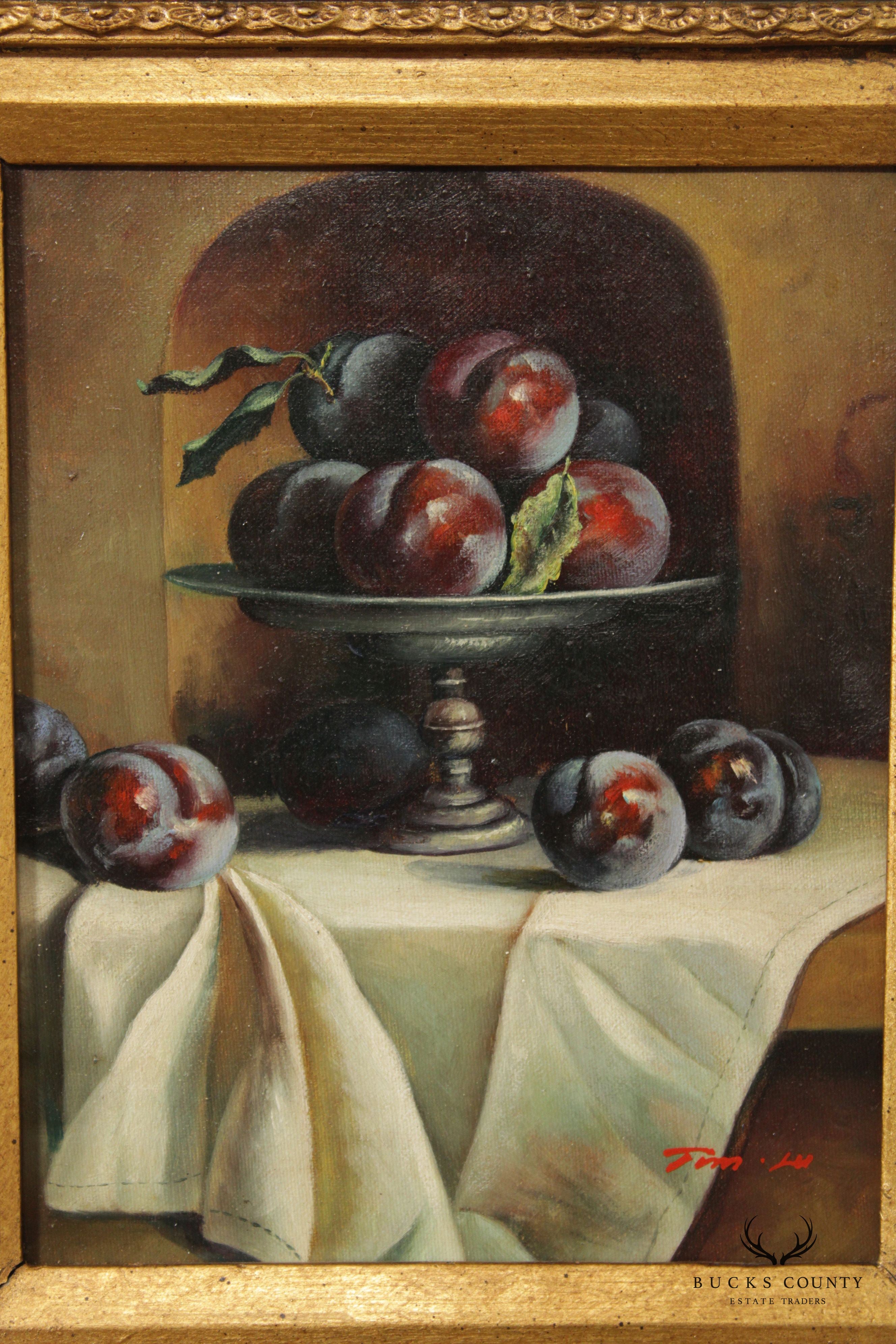 Tim Lu Still Life of Plums Framed Oil on Canvas