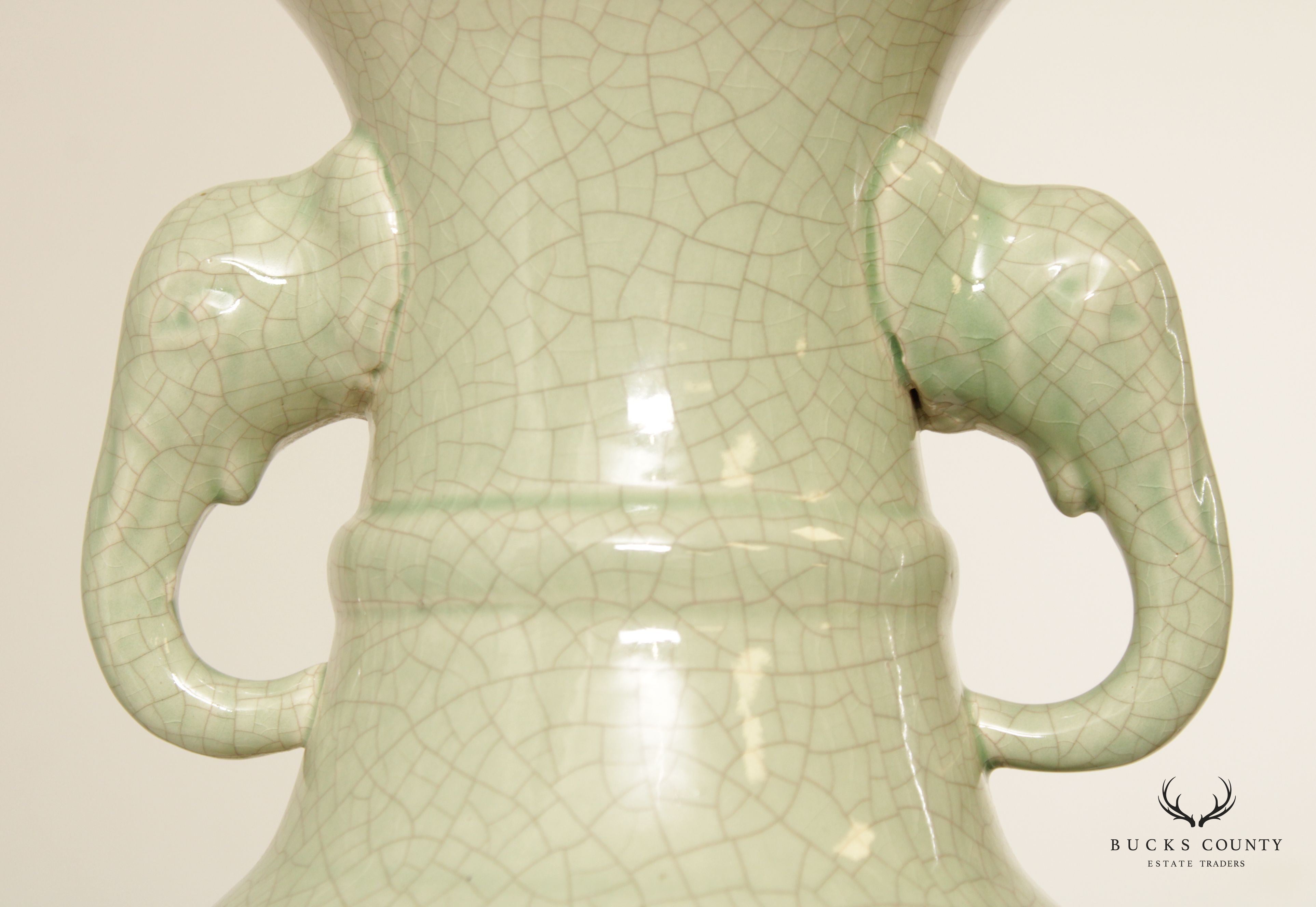 Asian Style Celadon Elephant Urn Table Lamp