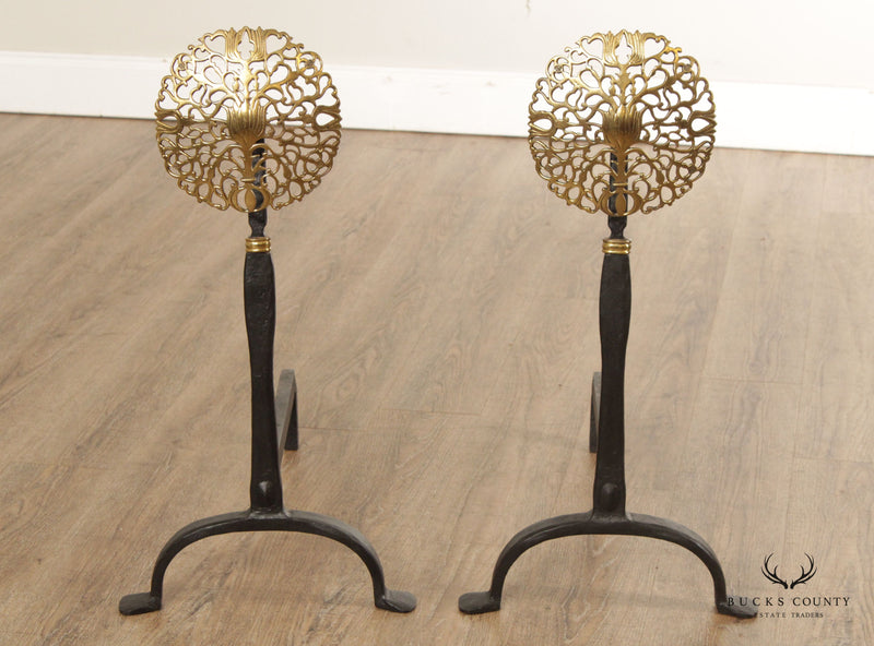 Arts and Crafts Style Quality Pair of Iron and Brass Andirons