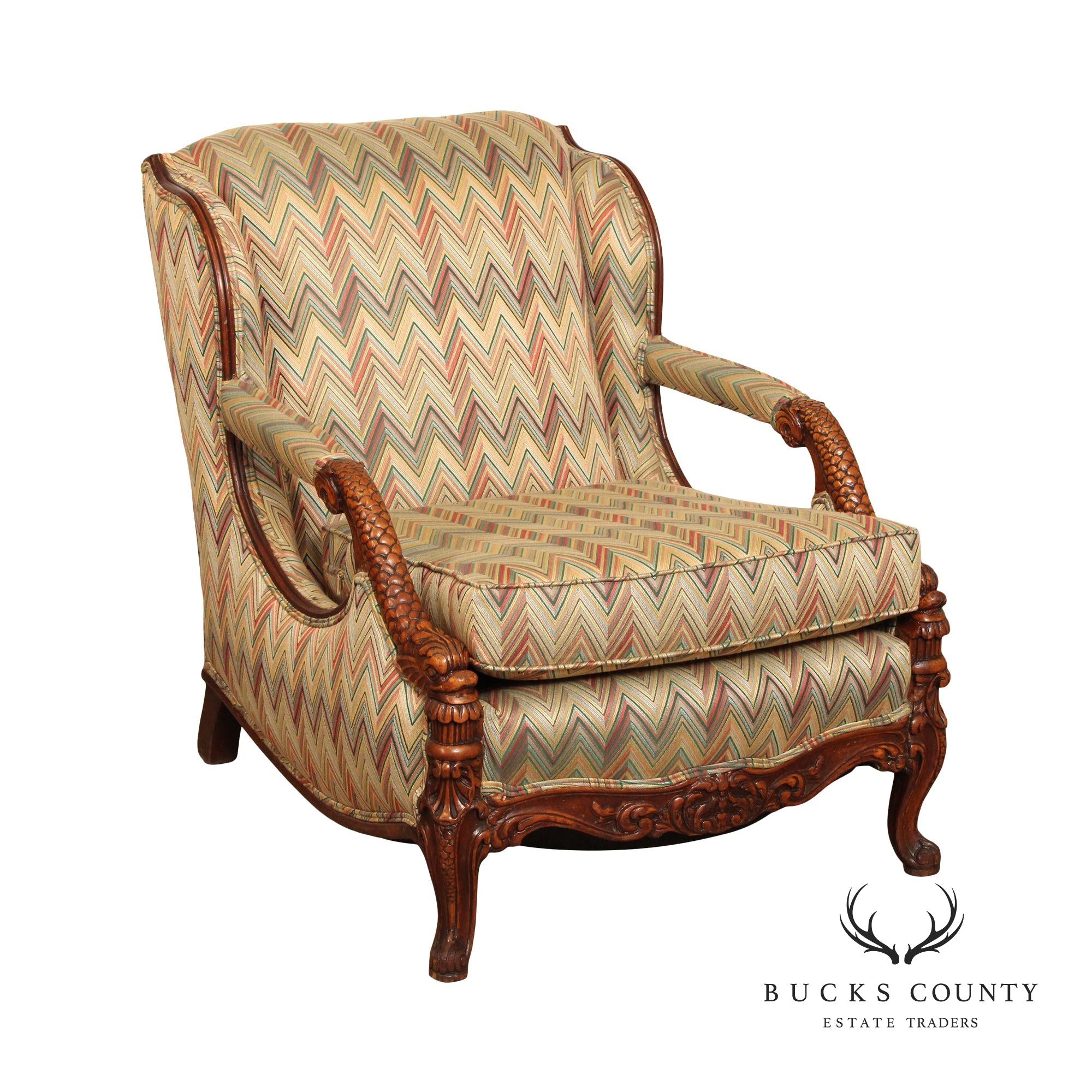 1930'S FRENCH REGENCY STYLE CARVED MAHOGANY LOUNGE CHAIR