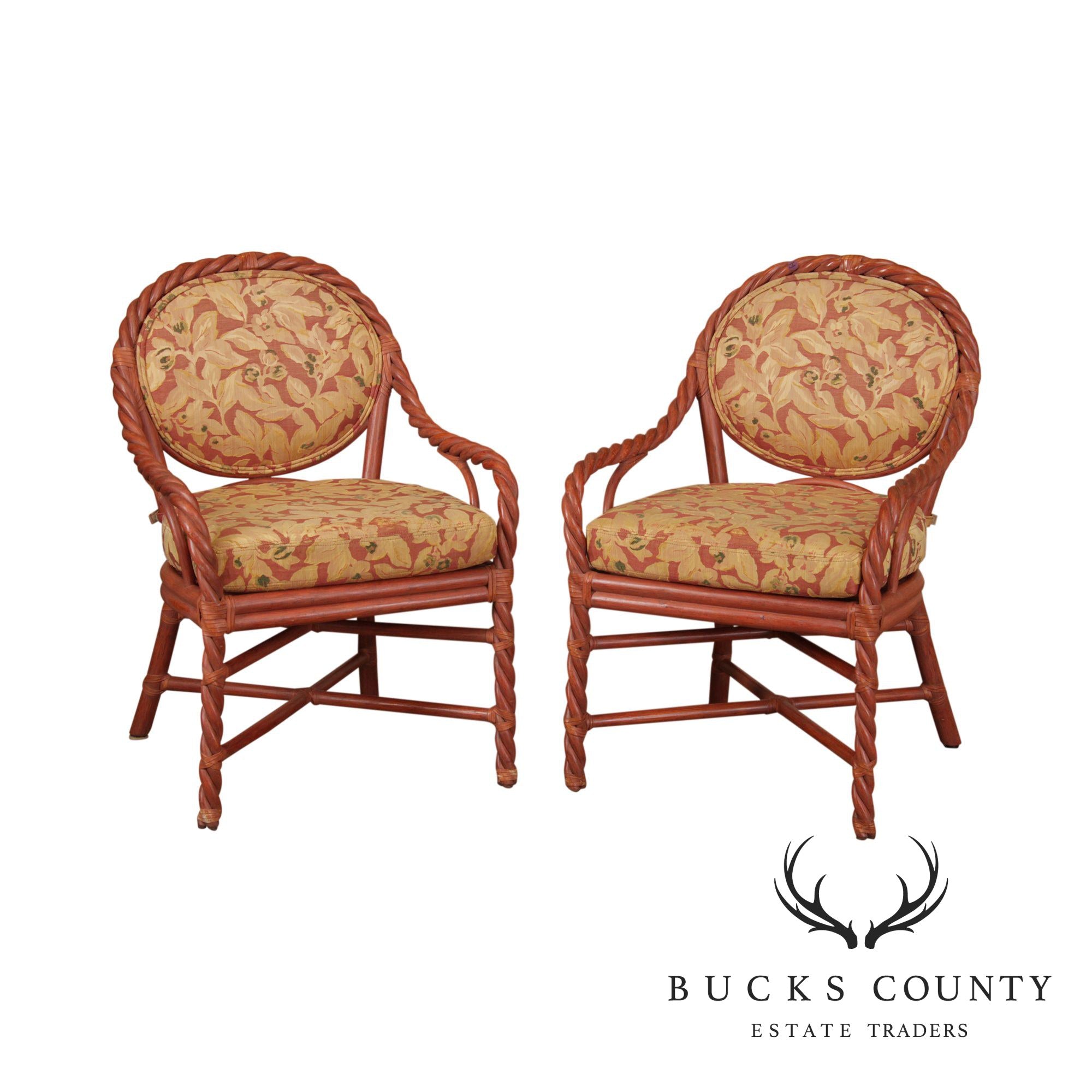 McGuire of San Francisco Pair Painted Twisted Rattan Armchairs (B)