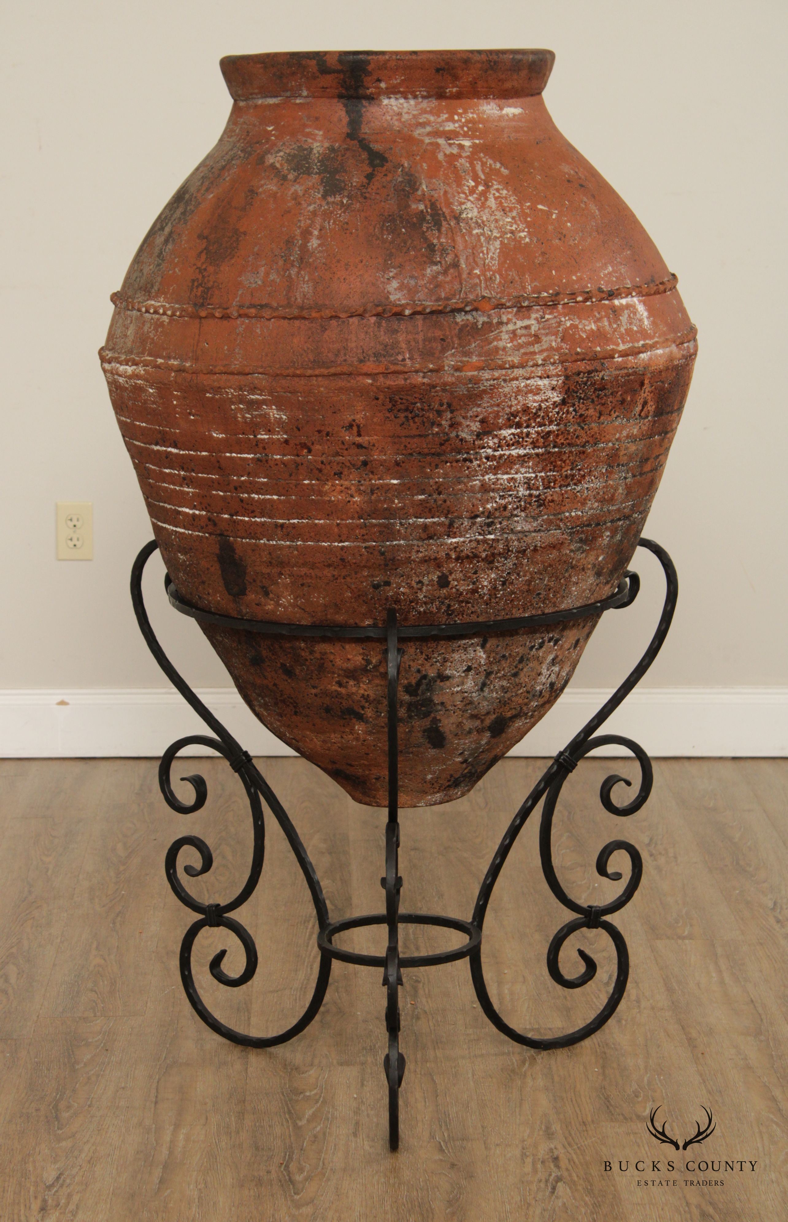 Antique Mediterranean Large Terra Cotta Amphora Floor Vase on Stand