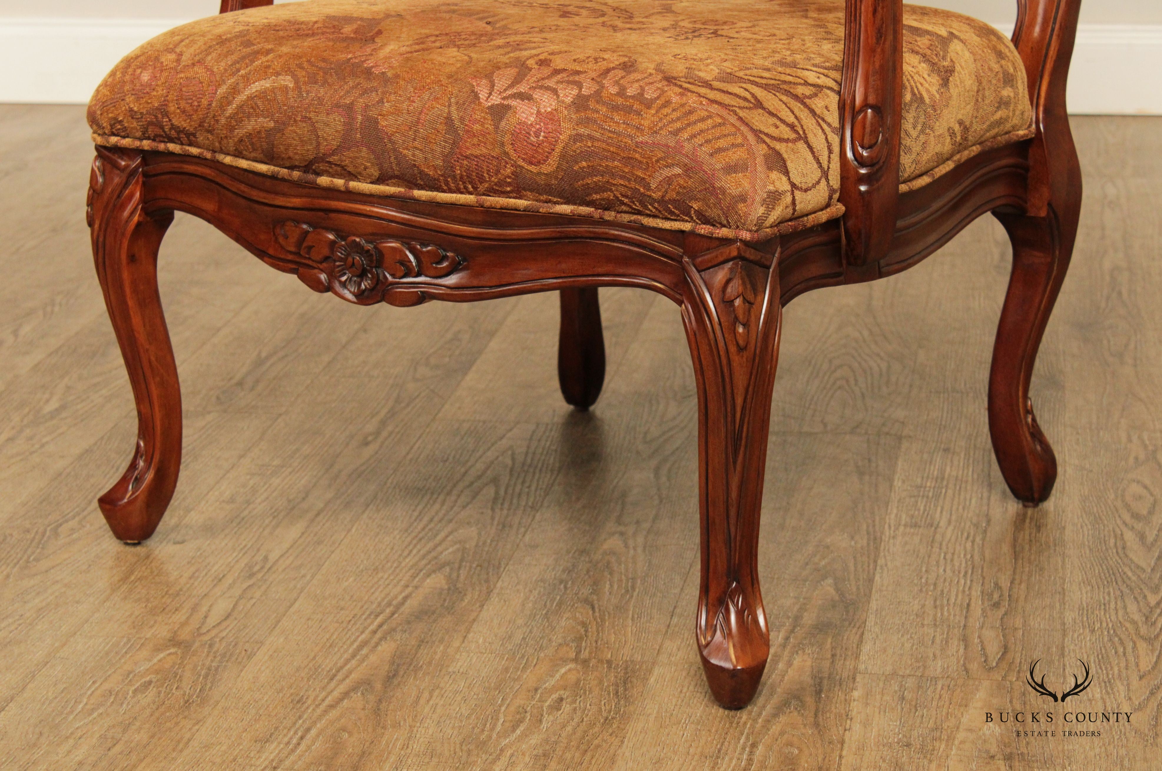 French Louis XV Style Pair of Carved Fruitwood Fauteuil Armchairs