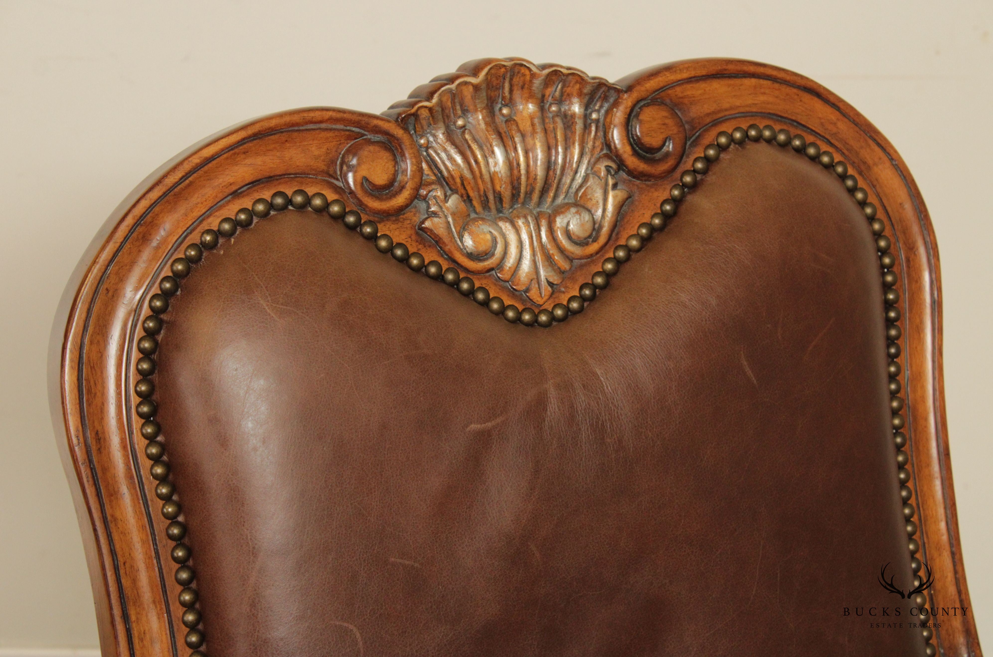 French Provincial Style Pair of Shell-Carved Leather Armchairs and Ottomans