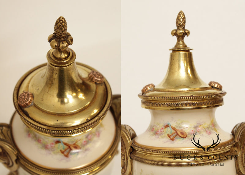 Antique French Sevres Style Porcelain & Brass Urns