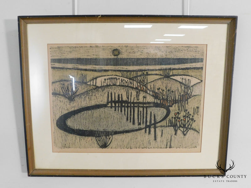 Mid Century Abstract Landscape Woodblock Print