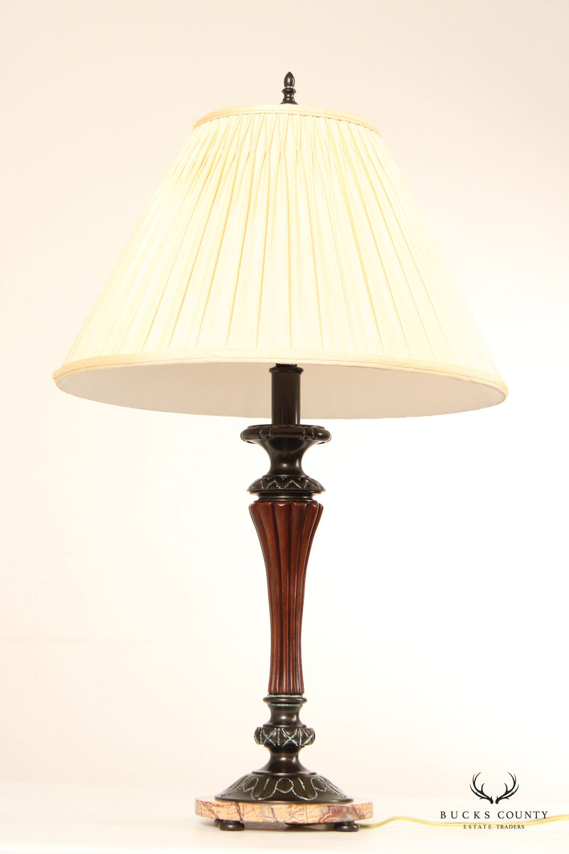 Traditional Bronze, Wood and Marble Candlestick Table Lamp