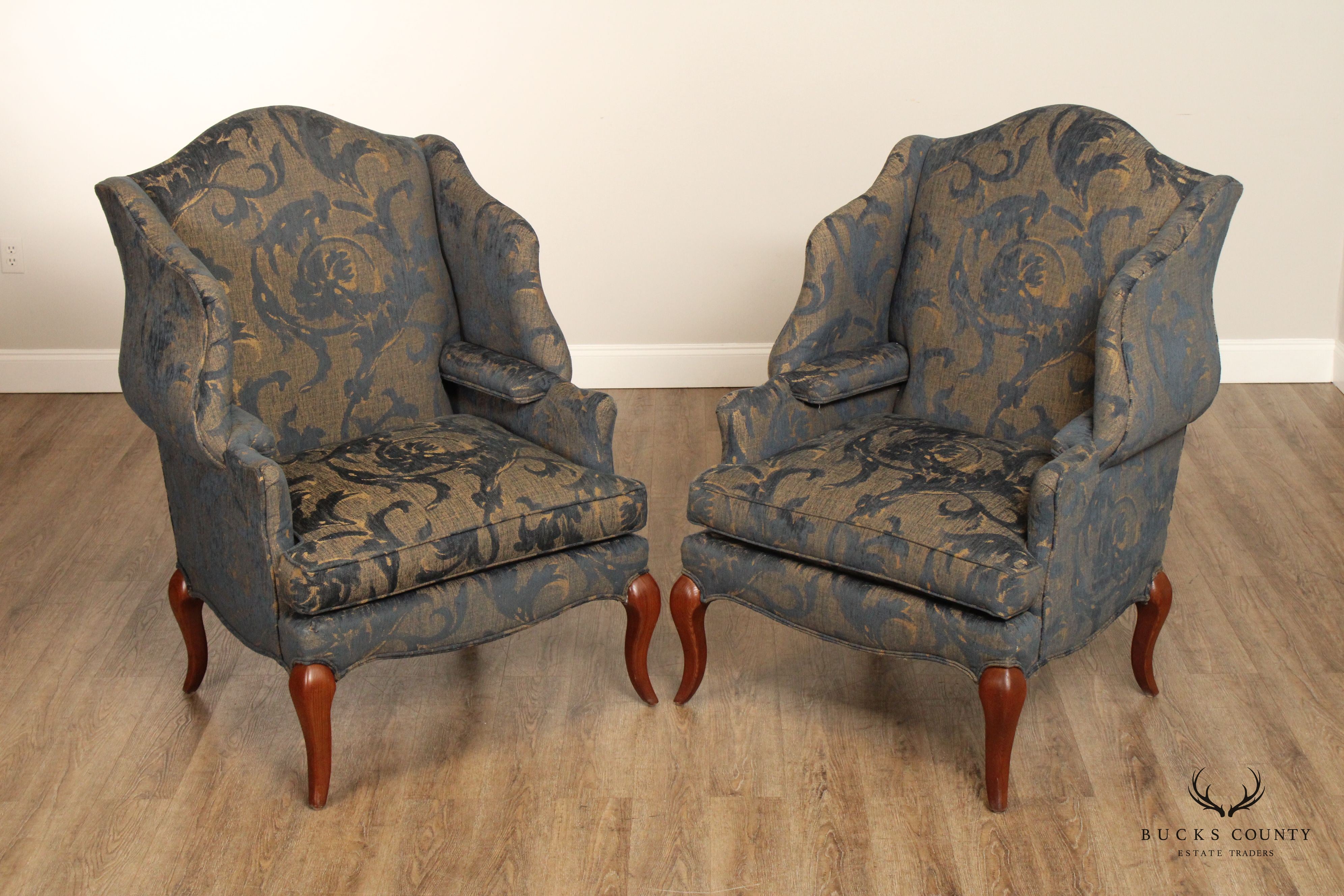 Pearson French Style Pair of Custom Upholstered Wing Chairs