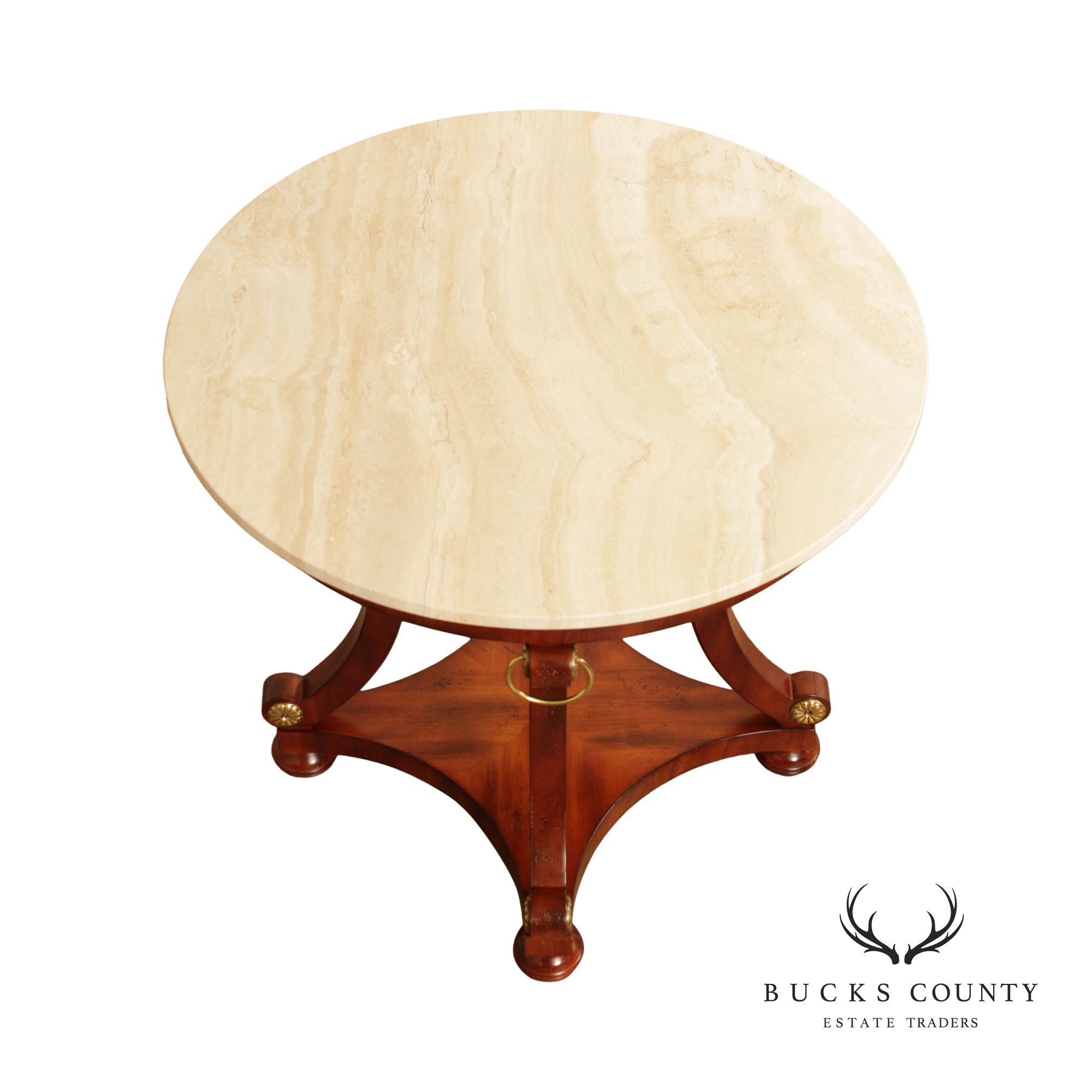 French Empire Style Round Travertine Top Mahogany Center Table