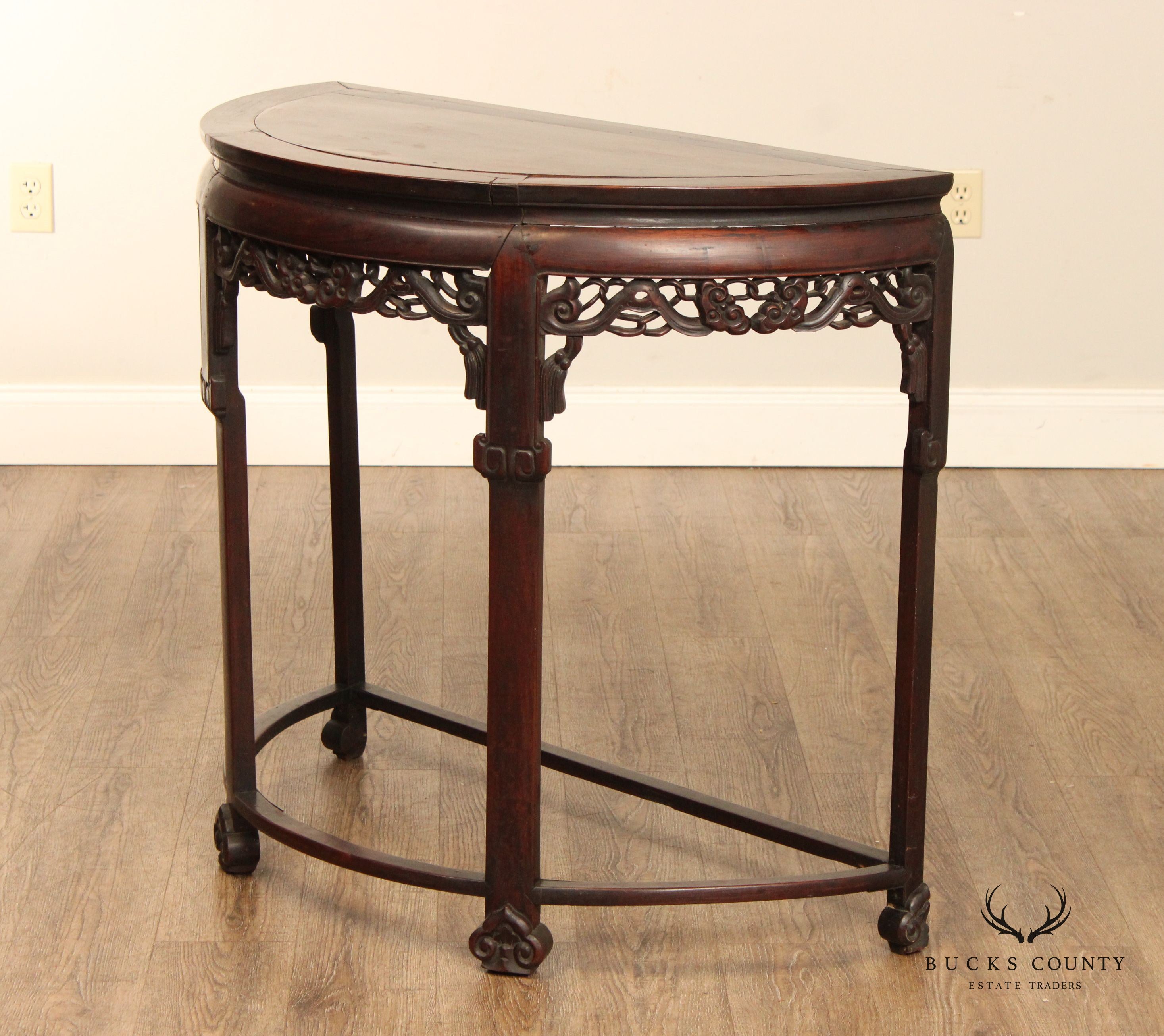 Antique Chinese Huanghuali Hardwood Demilune Console Table