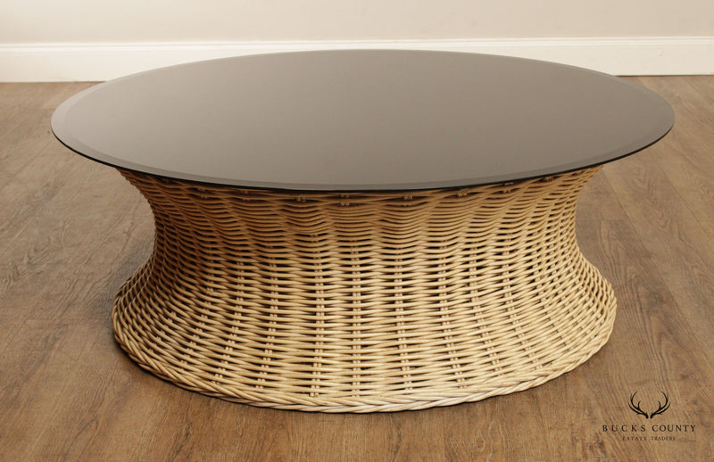 Vintage Wicker Rattan Round Smoked Glass Top Coffee Table