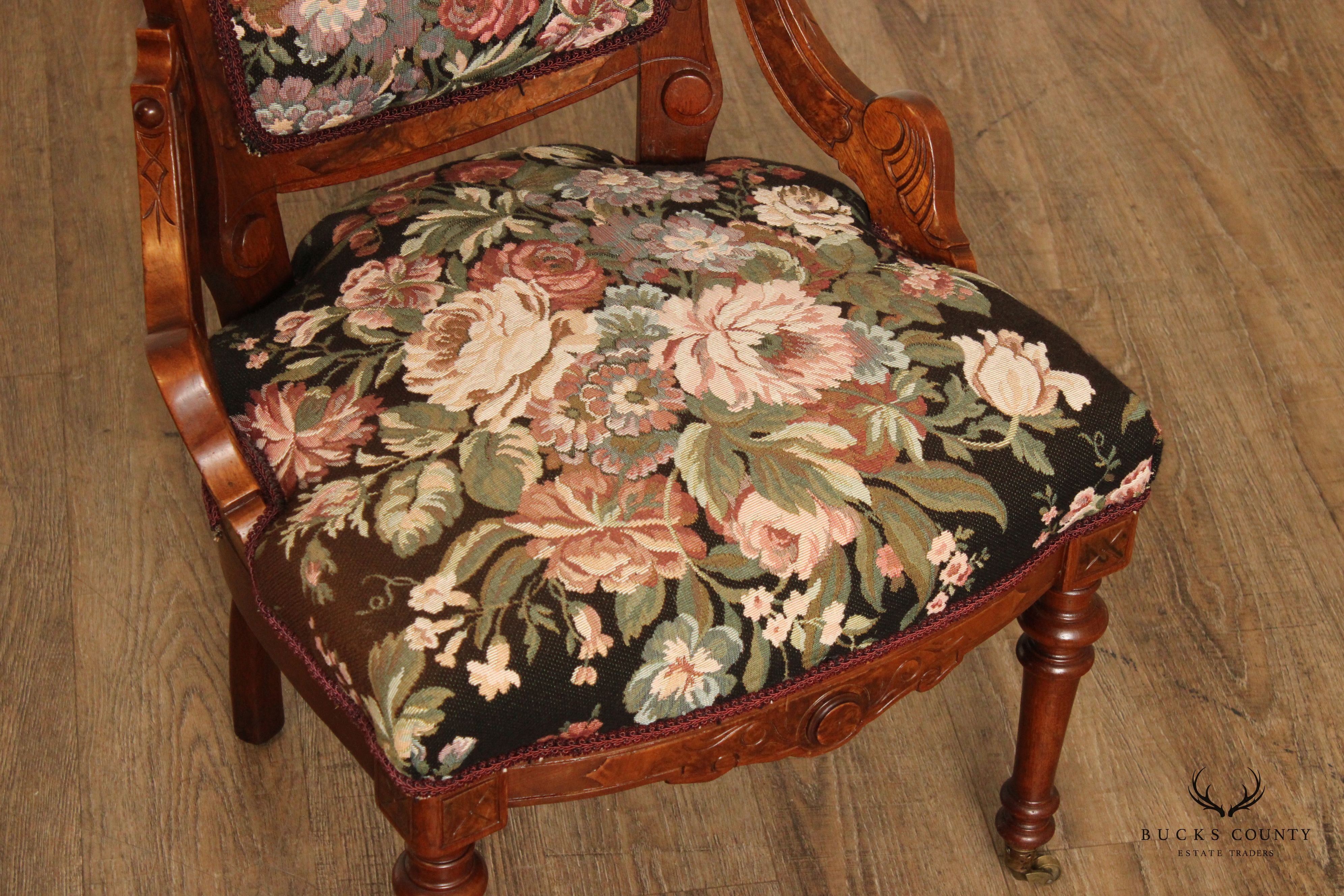 Antique Renaissance Revival Pair of Carved Walnut Armchairs